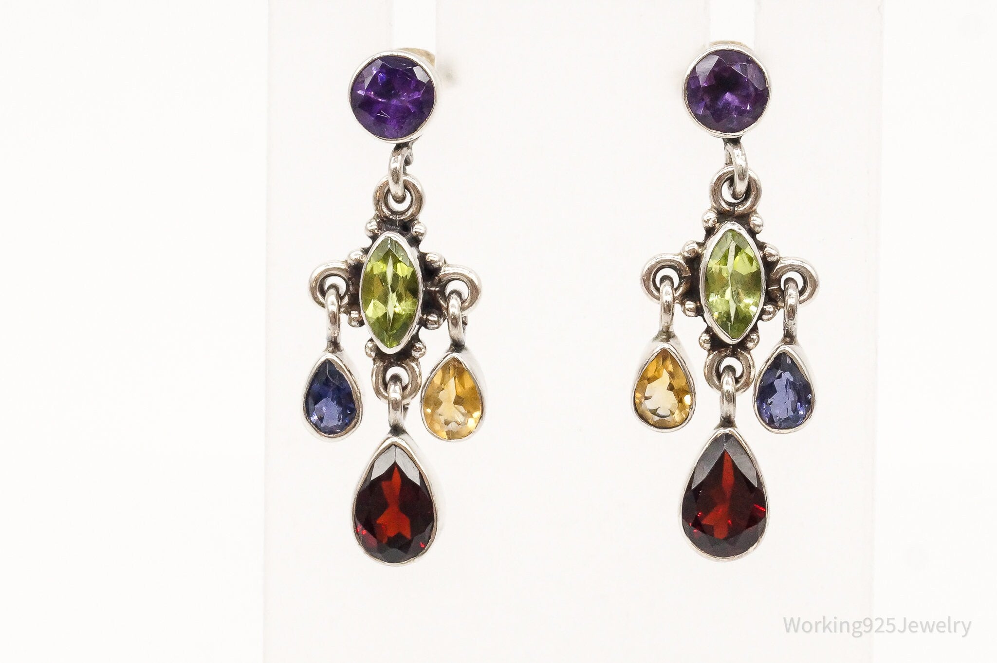 Vintage Multi Gemstone Bali Style Sterling Silver Earrings