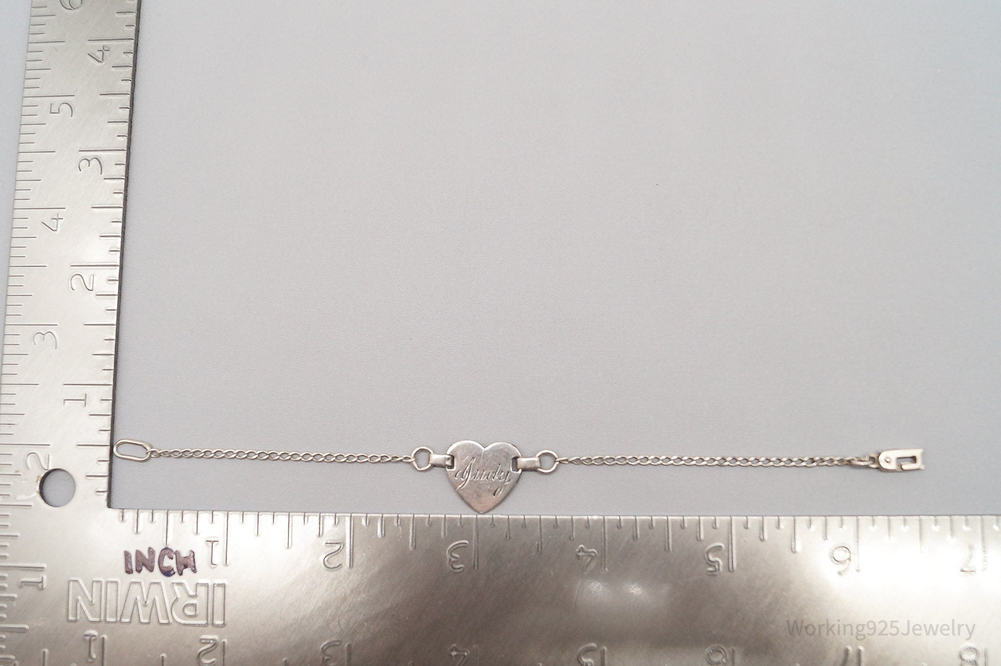 Antique "Judy" Name Etched Heart Silver Chain Bracelet - 6.5"