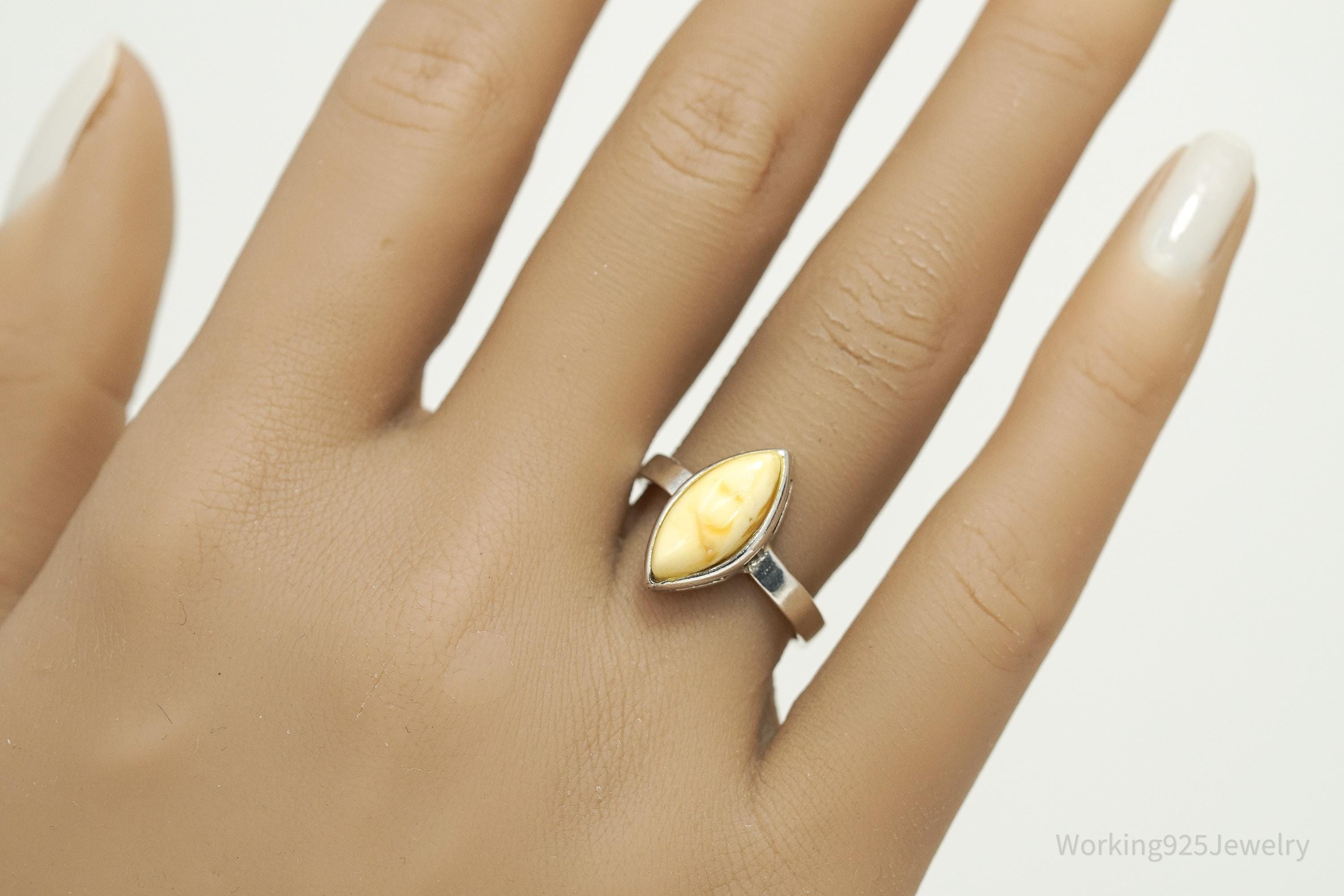 Vintage Yellow Amber Sterling Silver Ring - Size 8