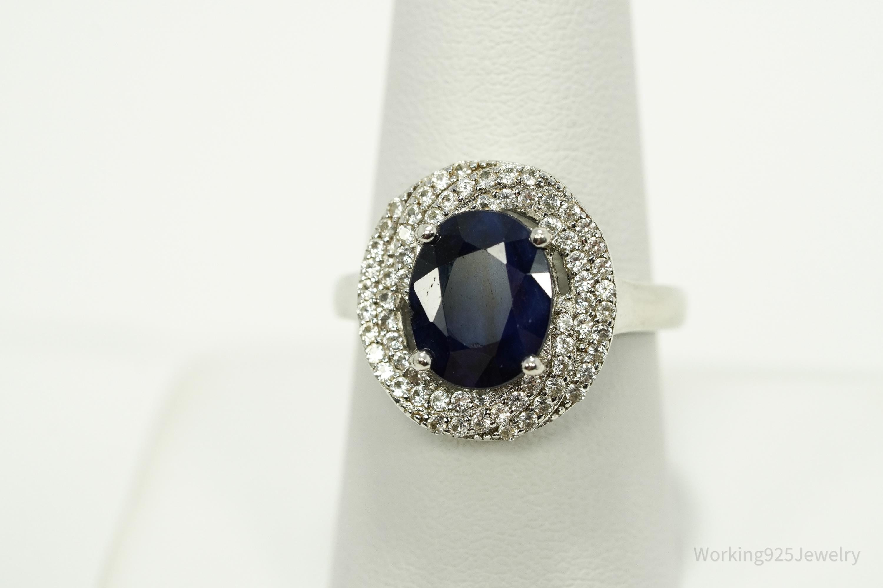 Vintage Blue & White Sapphire Sterling Silver Ring - Size 9