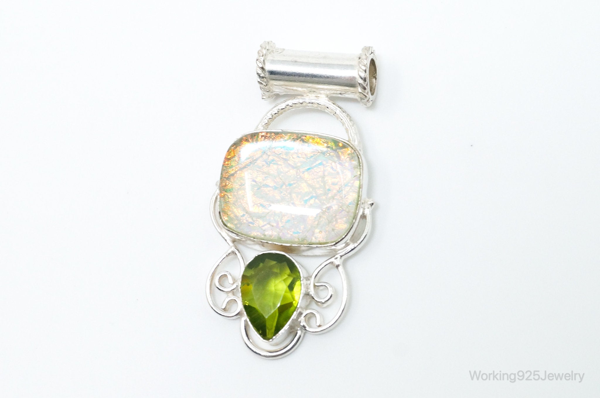 Large Vintage Rainbow Glass Peridot Sterling Silver Pendant