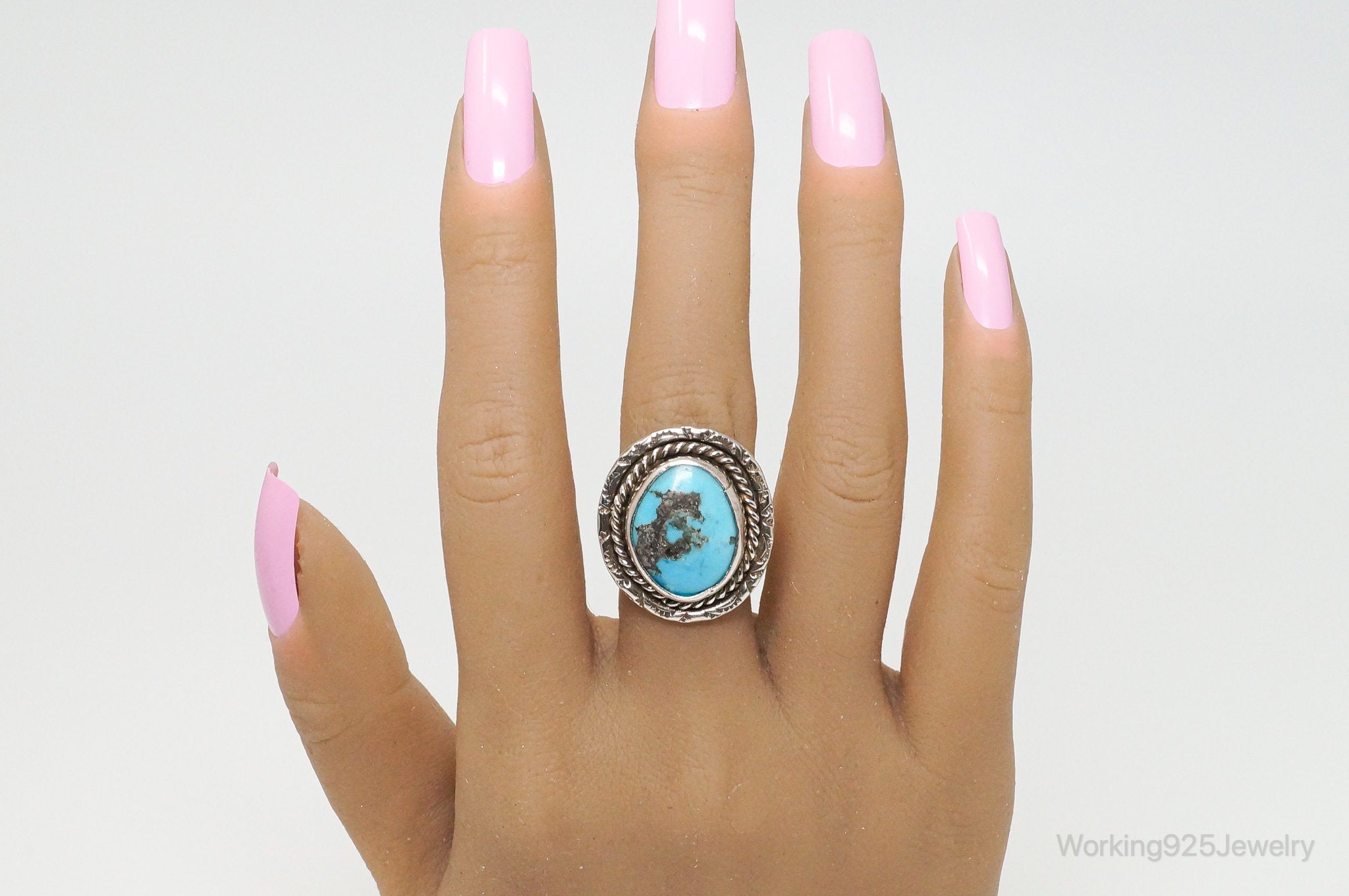 Vintage Native American Blue Turquoise Unsigned Sterling Silver Ring - Sz 8.25