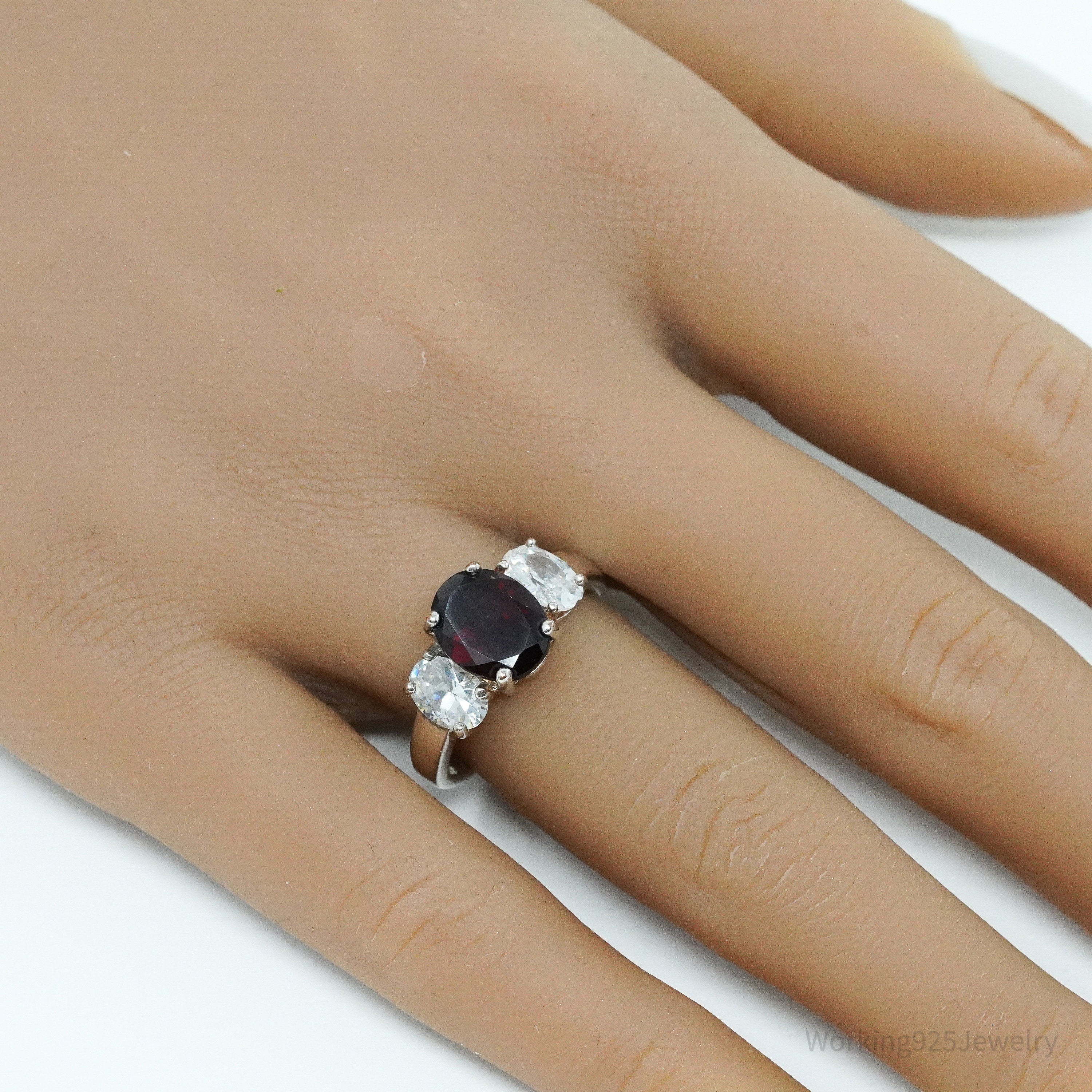 Vintage Garnet Cubic Zirconia Sterling Silver Ring - Size 7.75