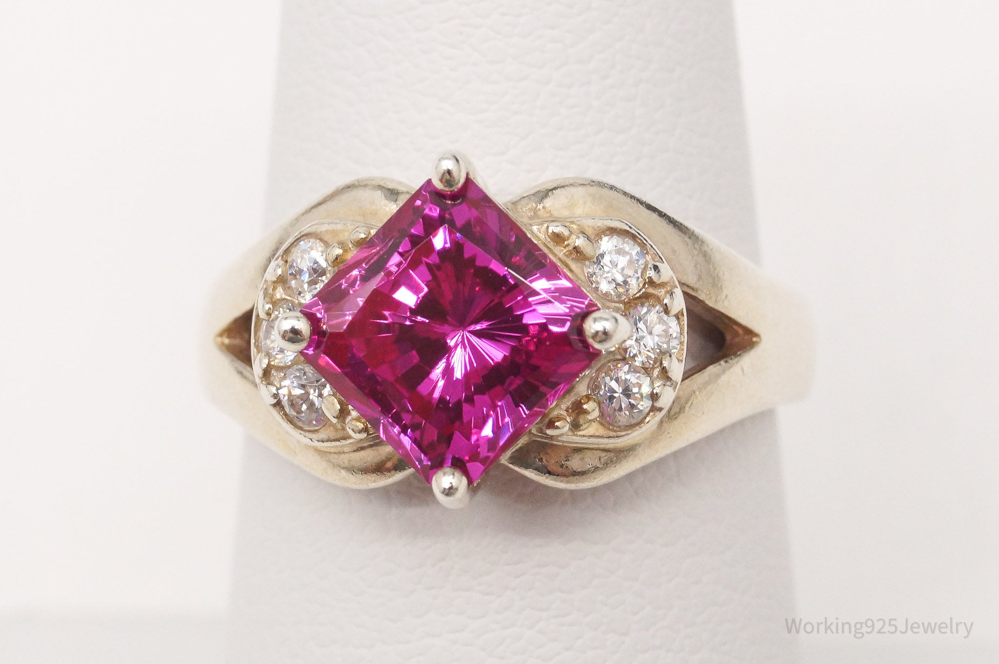 Vintage Pink & White Diamonique CZ Gold Vermeil Sterling Silver Ring Size 7