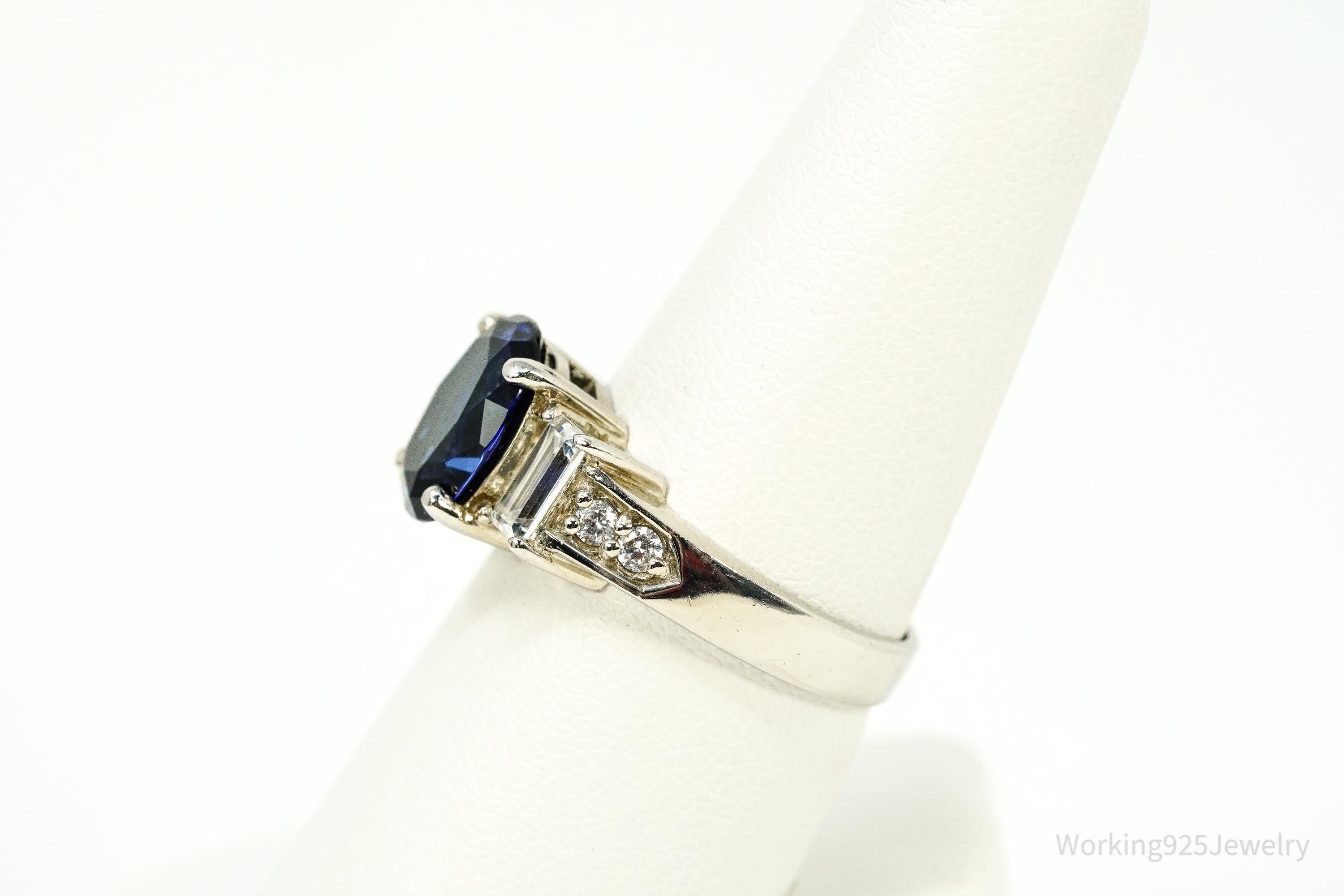 Vintage Lab Sapphire & Diamonique Cubic Zirconia Sterling Silver Ring - Size 8.25