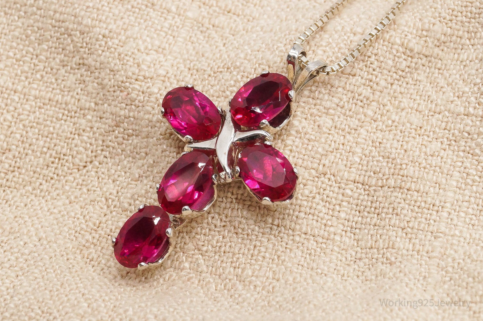Vintage Lab Ruby Cross Sterling Silver Necklace 16"