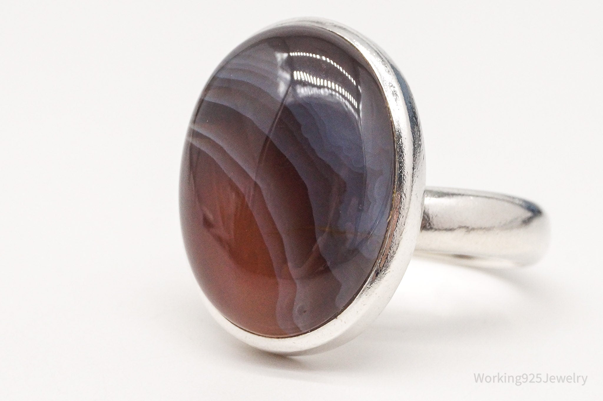 Vintage Large Botswana Agate Sterling Silver Ring - Size 8.25 Adjustable