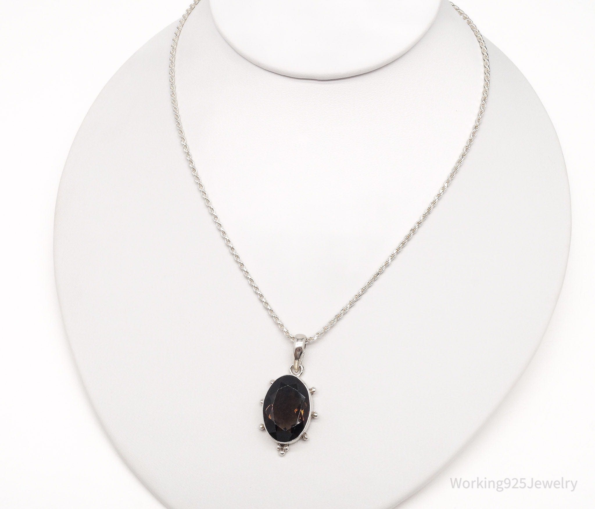 Vintage Large Smoky Topaz Sterling Silver Necklace 16"