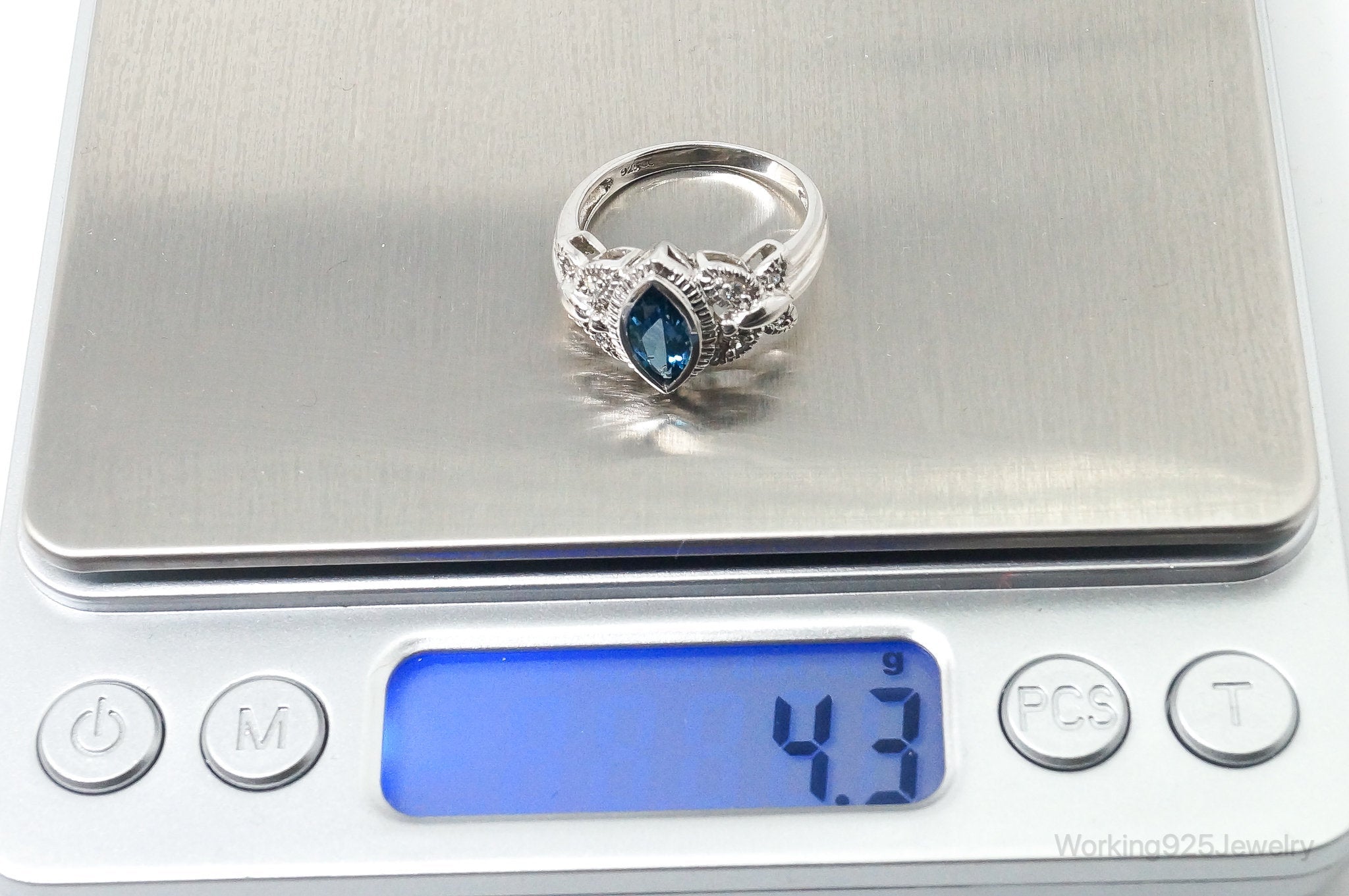 Vintage London Blue Topaz Cubic Zirconia Ring Sterling Silver - Size 7.75