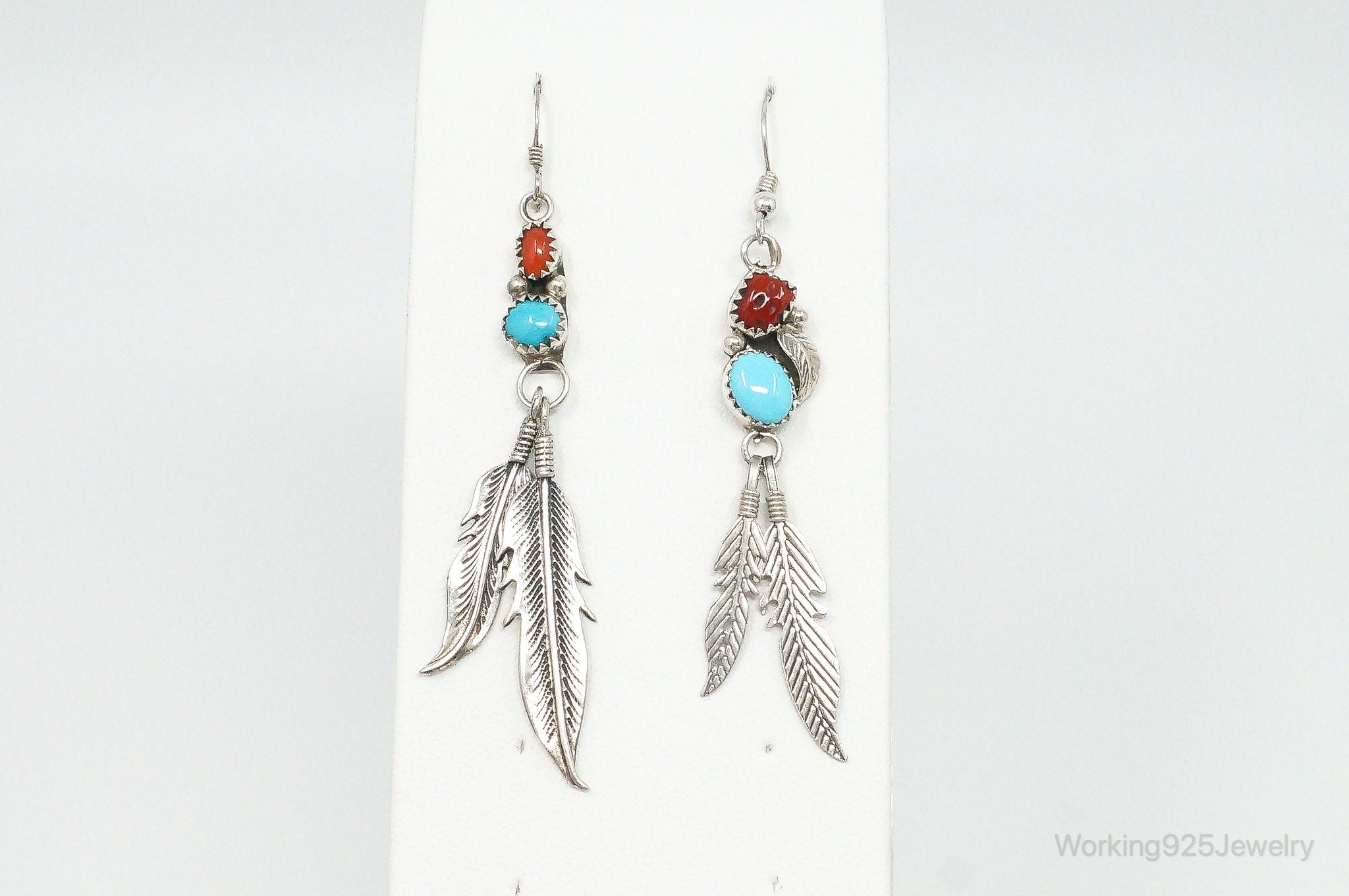 Vintage Native American Turquoise Coral Sterling Silver Earrings