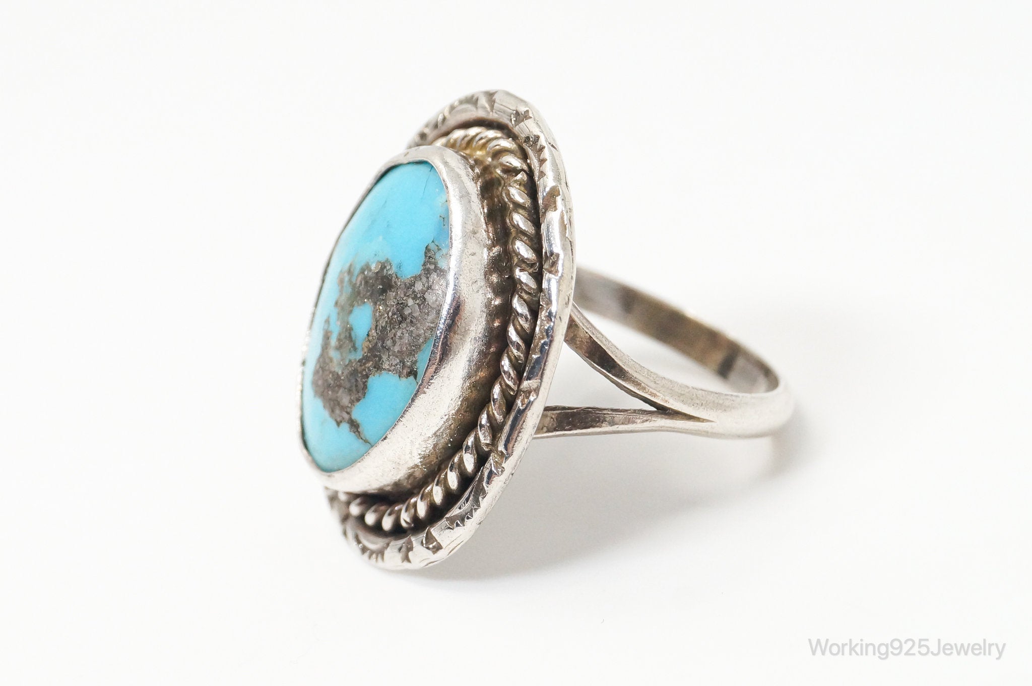 Vintage Native American Blue Turquoise Unsigned Sterling Silver Ring - Sz 8.25