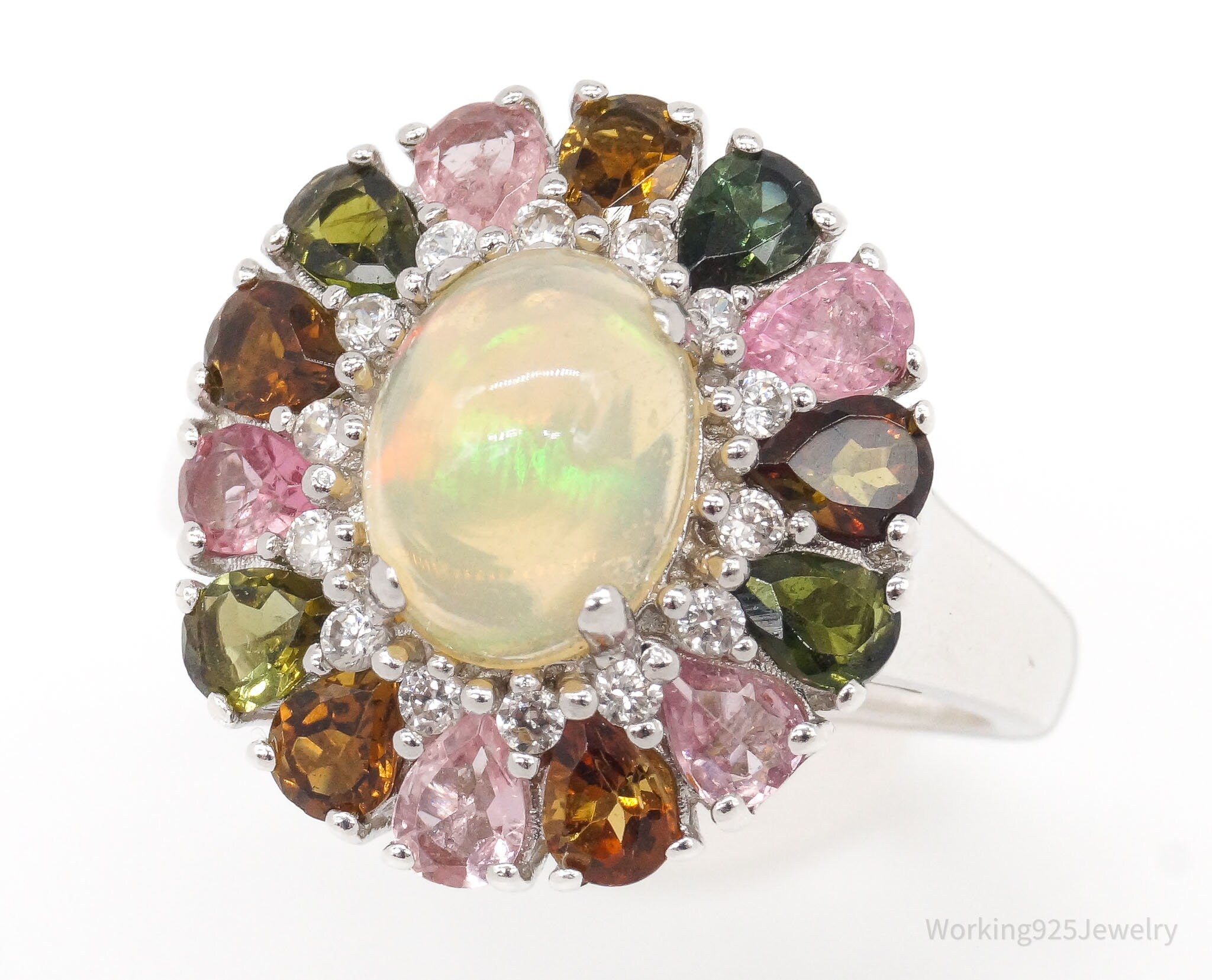 Ethiopian Opal Multicolored Tourmaline Zircon Rhodium Sterling Silver Ring SZ 8