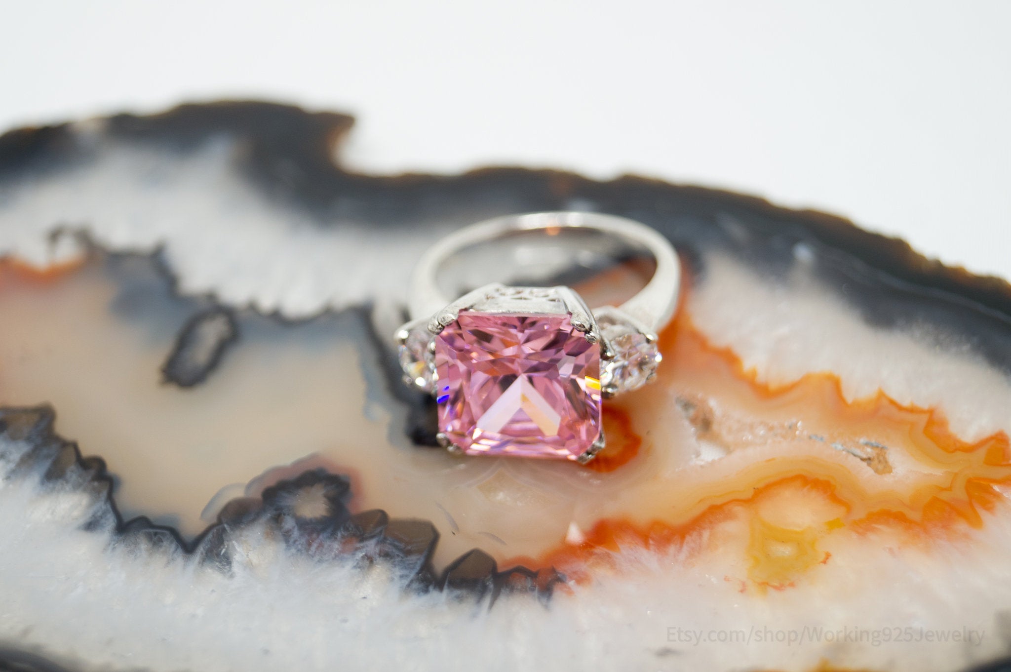 Vintage Art Deco Style Pink Topaz CZ Statement Ring Sterling Silver - Size 7.5