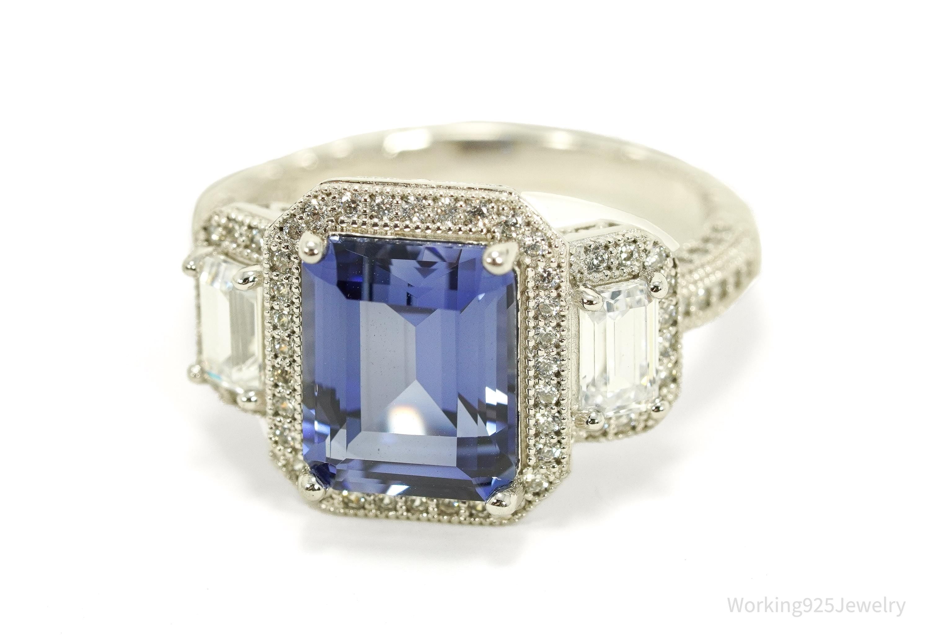Blue Lab Sapphire & White Cubic Zirconia Sterling Silver Ring - Size 7.25