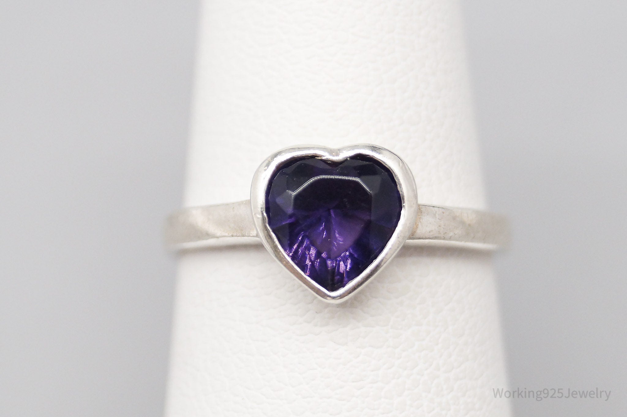 Vintage Faux Amethyst Heart Sterling Silver Ring - Size 6.75