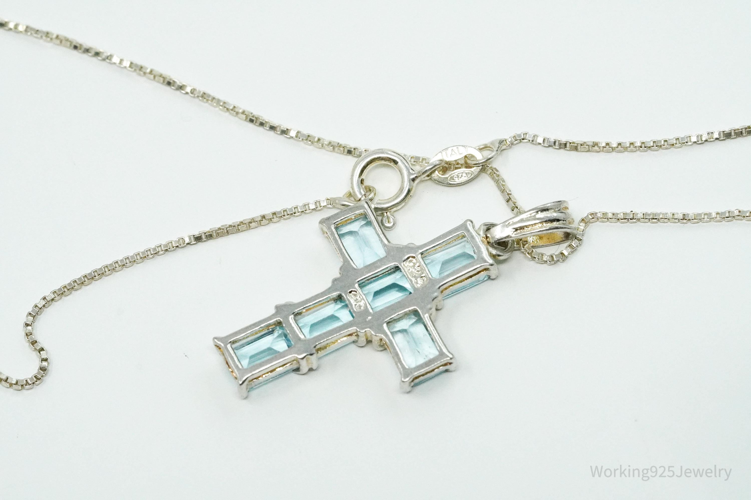 Vintage Blue Topaz Cross Sterling Silver Necklace 18"