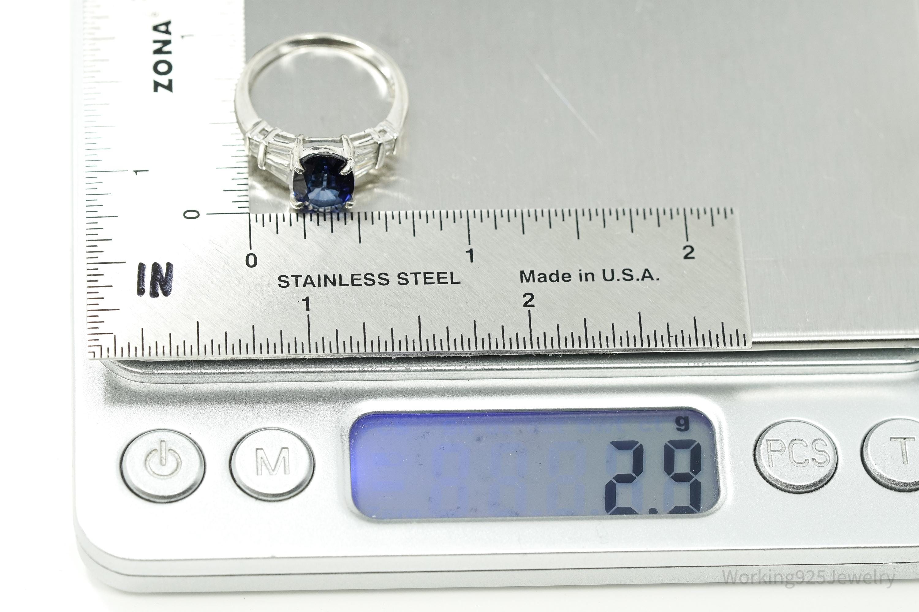 Vintage Lab Sapphire & Cubic Zirconia Sterling Silver Ring - Size 7