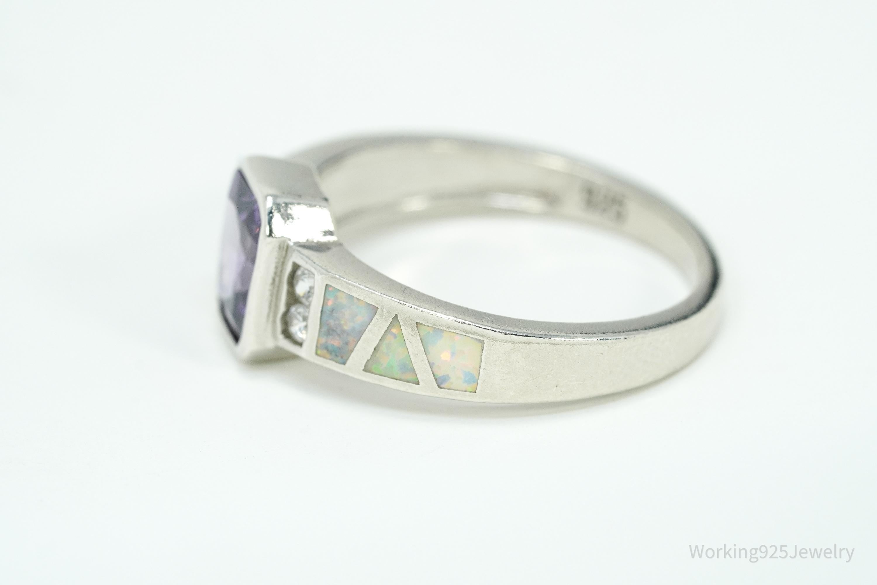 Vintage Amethyst Cubic Zirconia Opal Sterling Silver Ring - Size 8.75