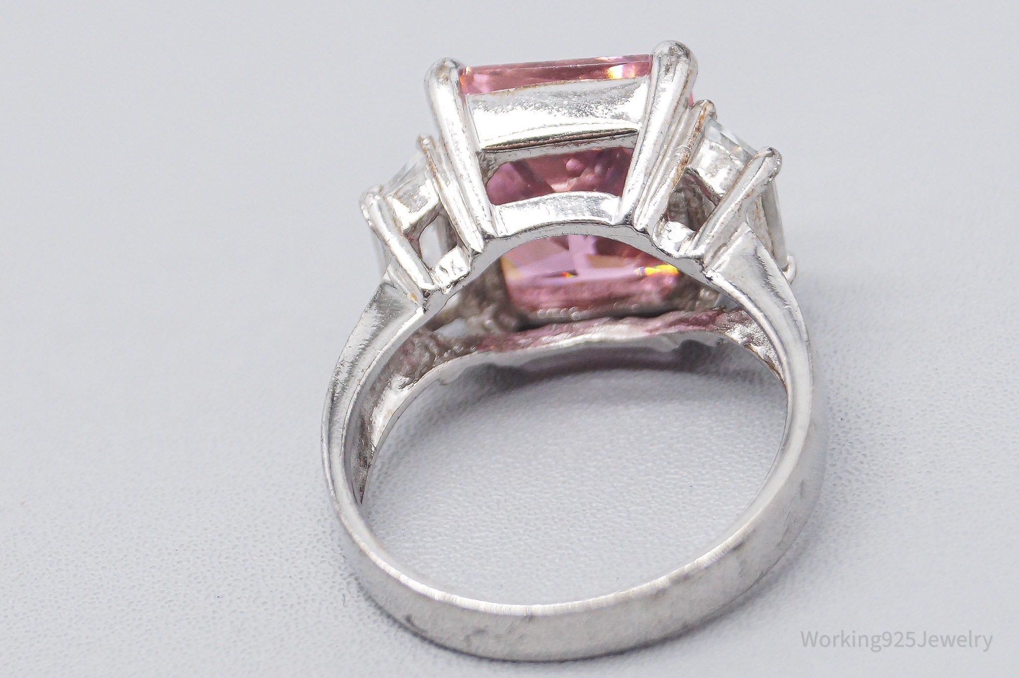 Vintage Large Pink & White Cubic Zirconia Rhodium Over Sterling Silver Ring - Size 6