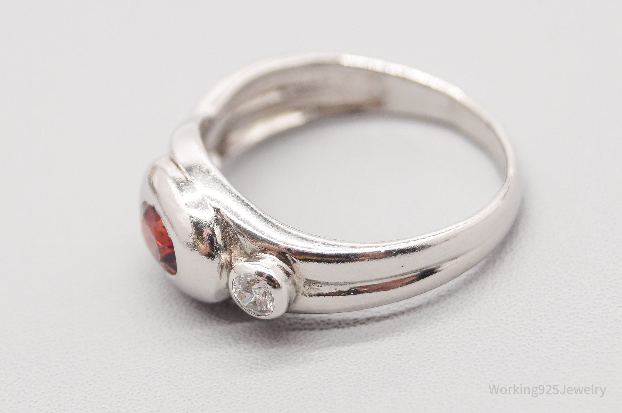 Vintage Garnet & Cubic Zirconia Sterling Silver Ring - Size 6.75