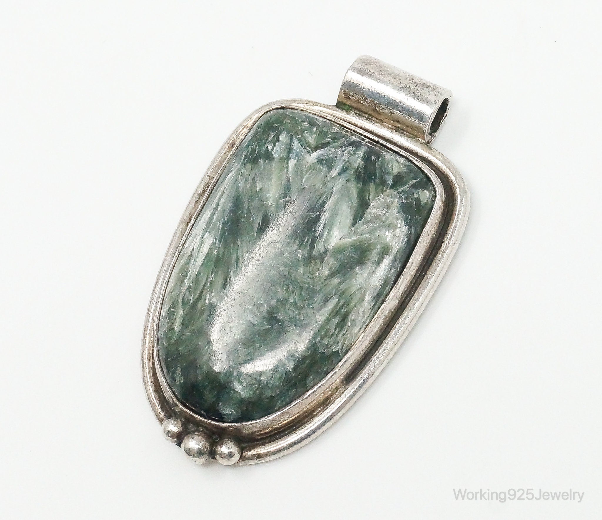 Vintage Large Green Seraphinite Sterling Silver Necklace Pendant