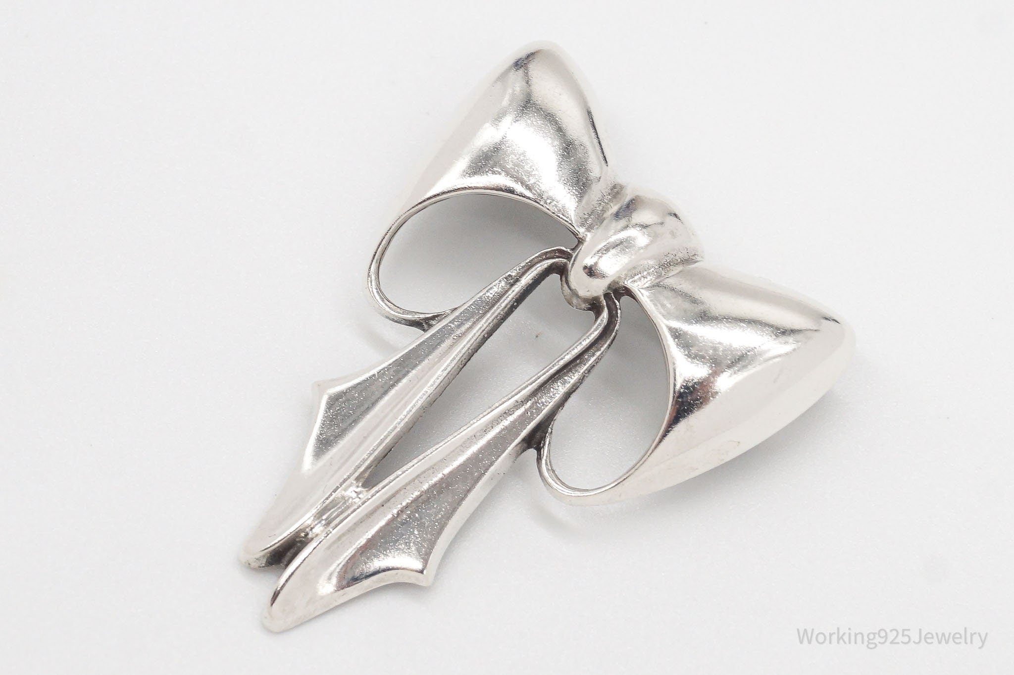 Large Vintage Sterling Silver Ribbon Bow Pendant Brooch Pin