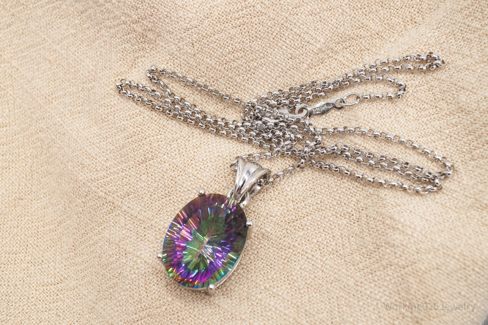 Vintage Large Mystic Topaz Sterling Silver Necklace 18"
