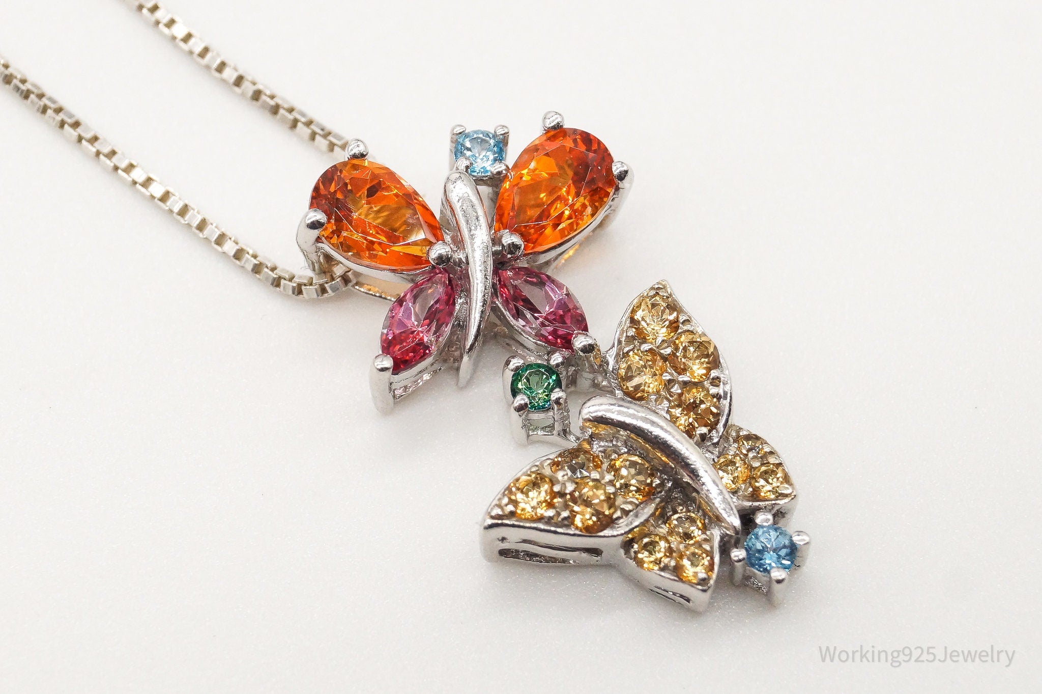 Vintage Multiple Gemstone Butterflies Sterling Silver Necklace