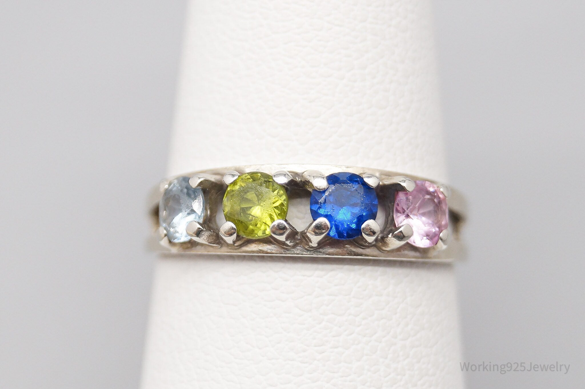 Vintage Mid Century Multi Gemstone 10K White Gold Ring - Size 6.75