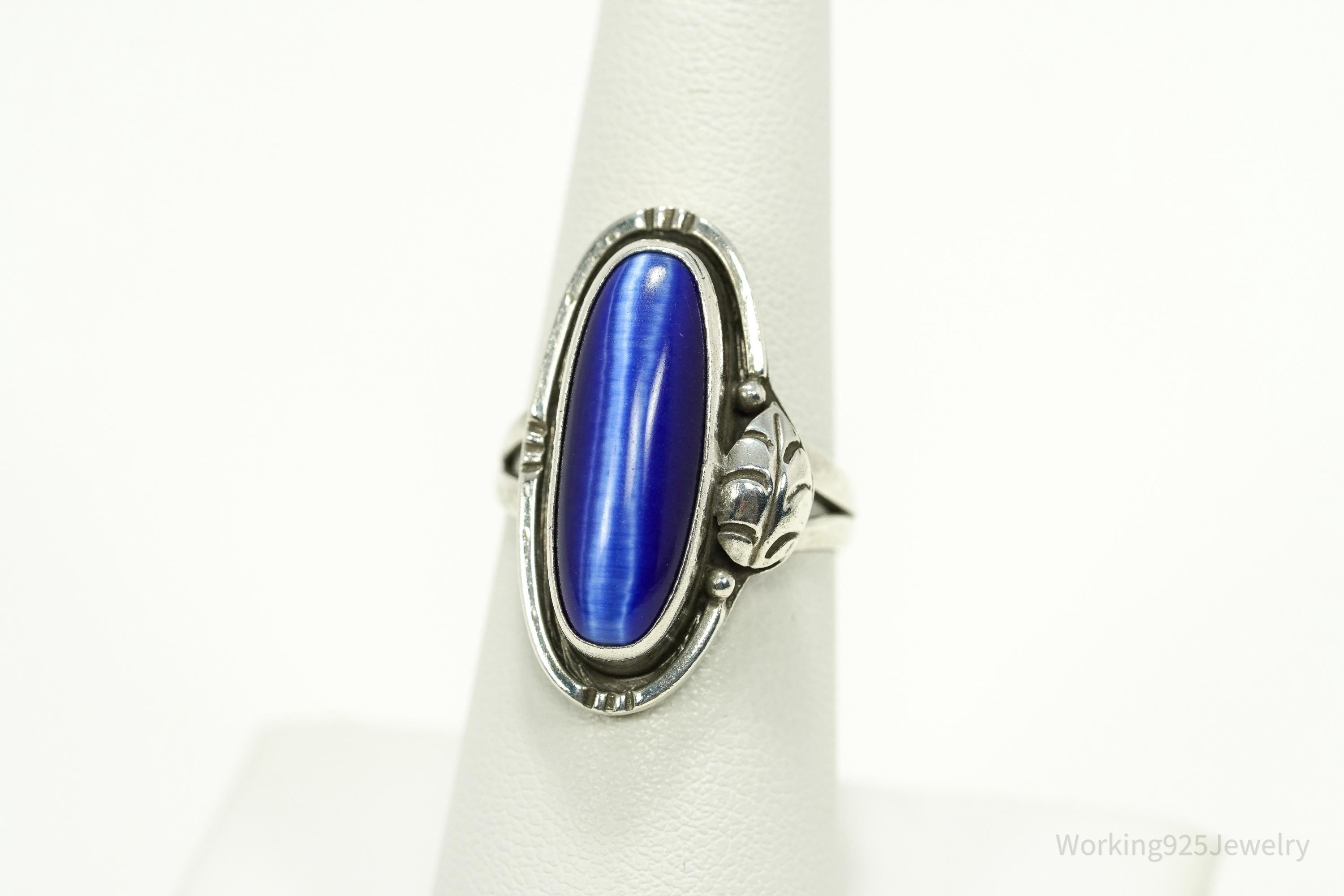 Vintage Mexico Blue Tigers Eye Sterling Silver Ring - Size 6.75