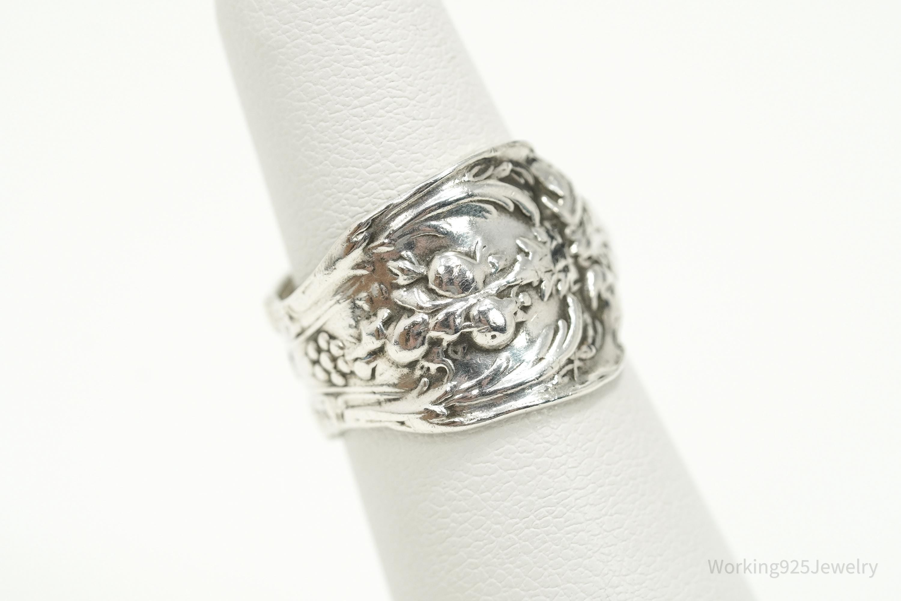 Antique Floral Sterling Silver Spoon Ring - Size 5.25