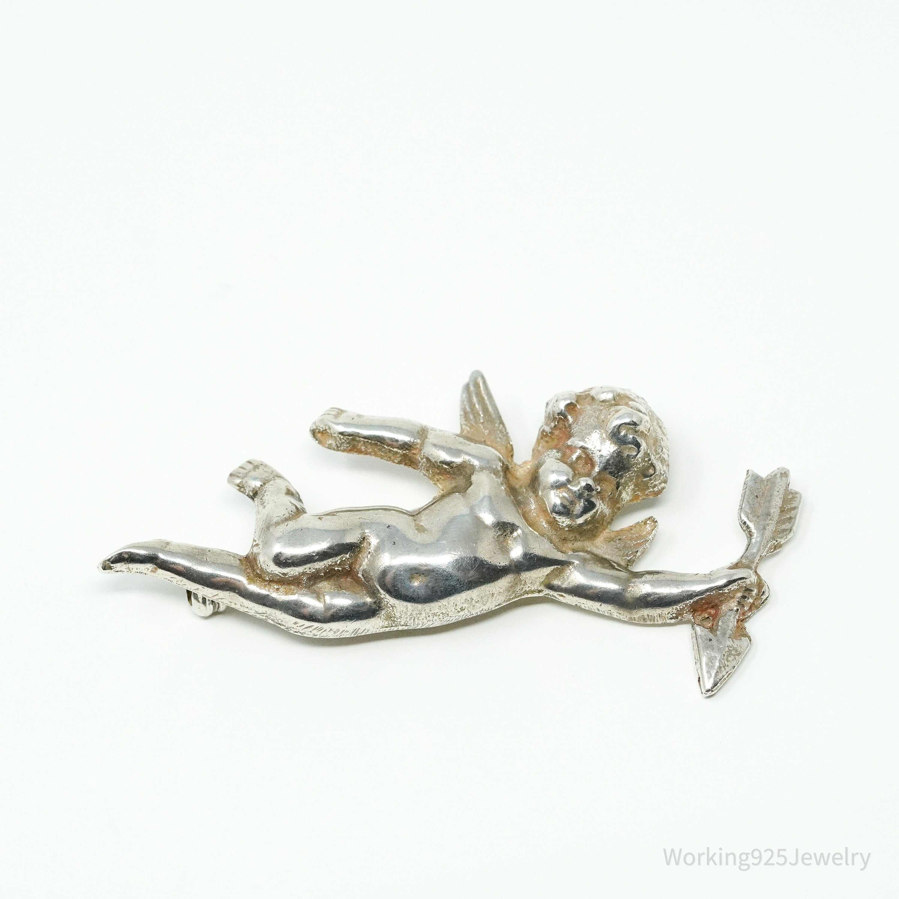 Antique Vintage Cherub Angel Cupid Sterling Silver Brooch Pin