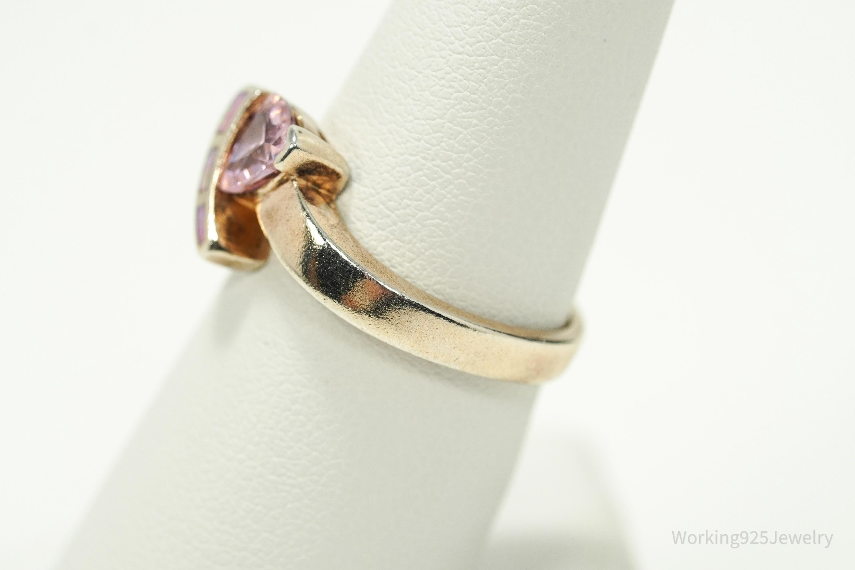Vintage Pink & White Cubic Zirconia Opal Inlay Rose Gold Vermeil Sterling Silver Ring - Size 7.5