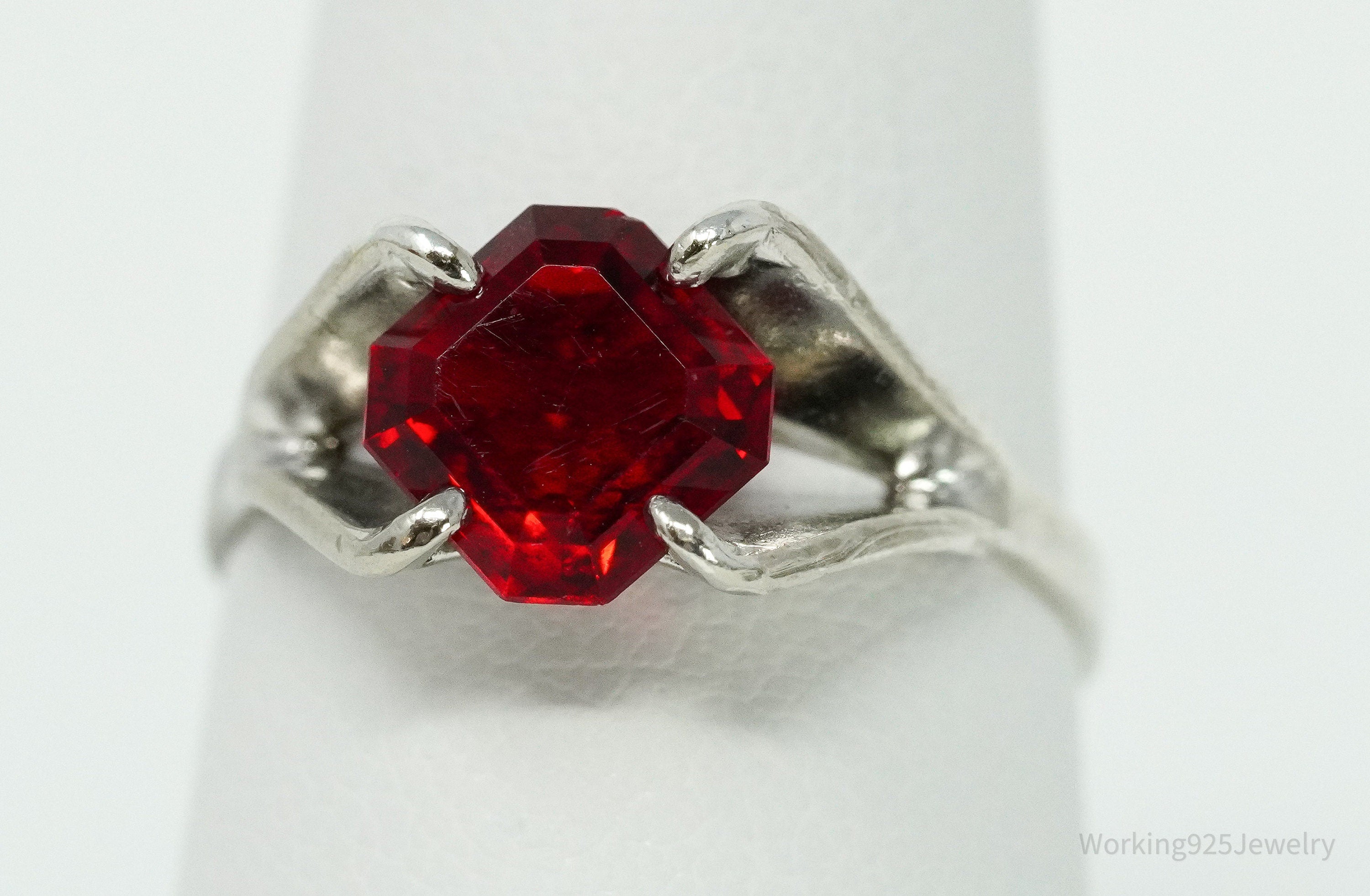 Vintage Antique Espo Red Art Glass Sterling Silver Ring Size 6
