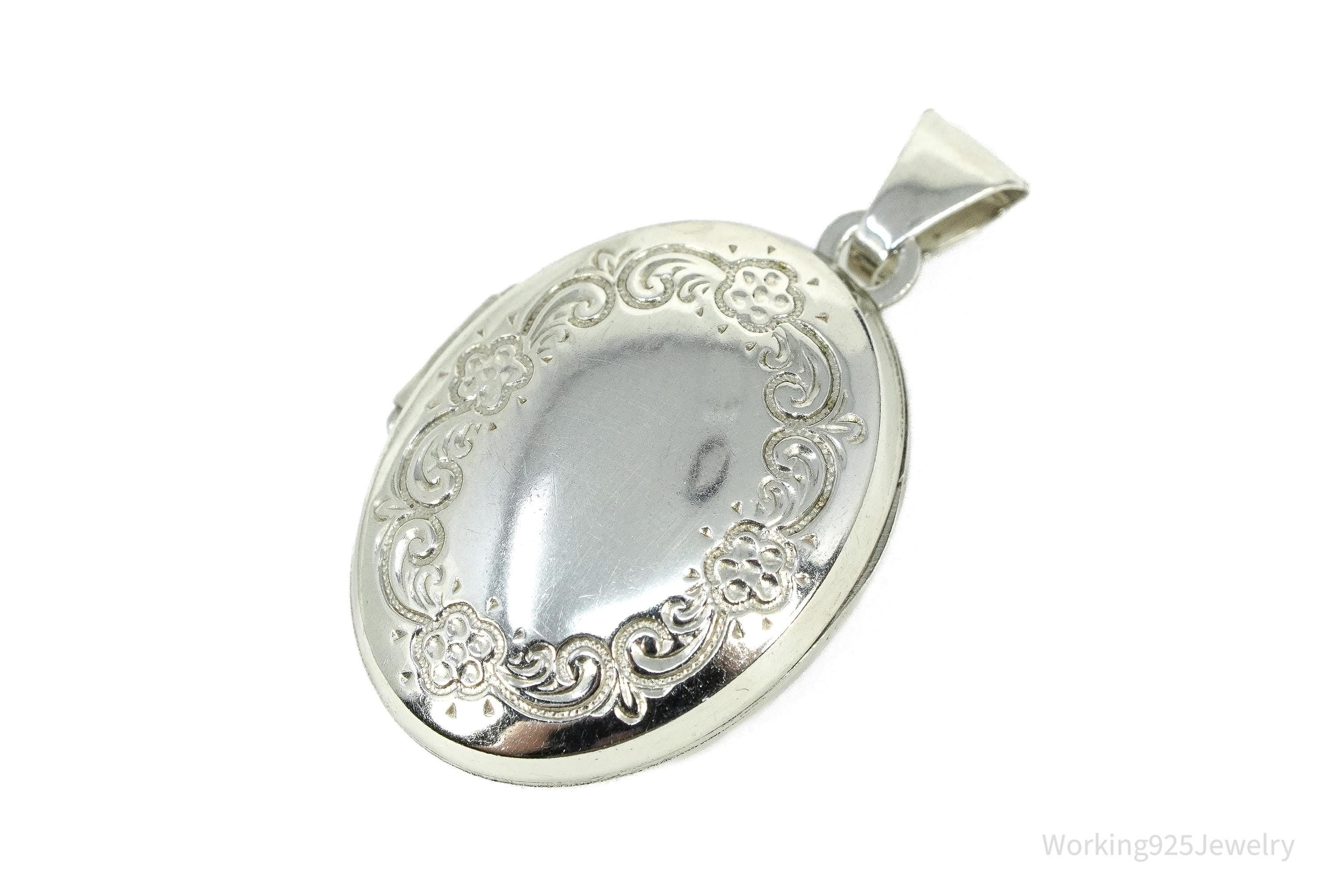 Vintage Flower Etched Oval Silver Locket Pendant 1 1/8"