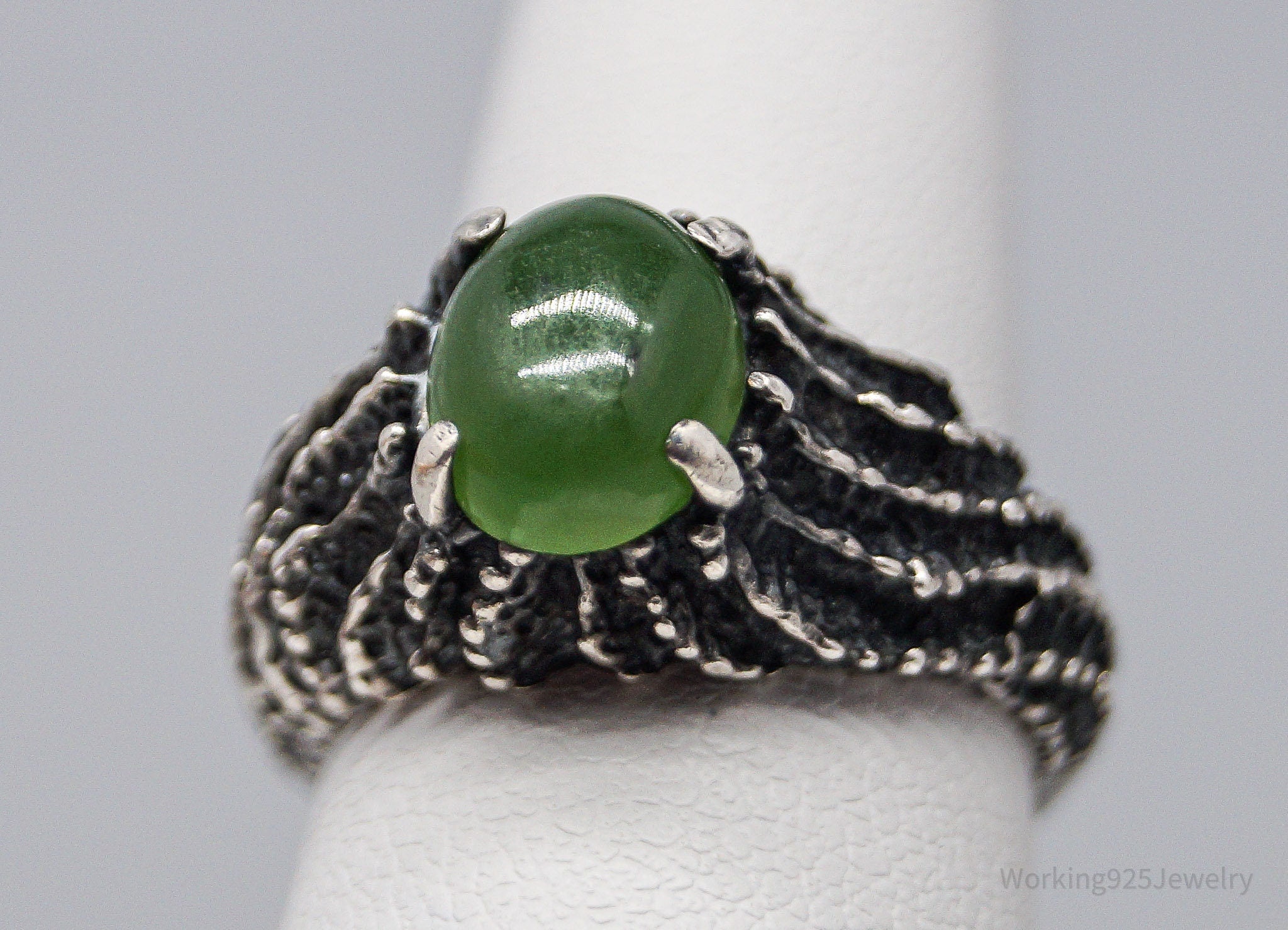 Vintage Brutalist Modernist Jade Sterling Silver Ring - Size 6