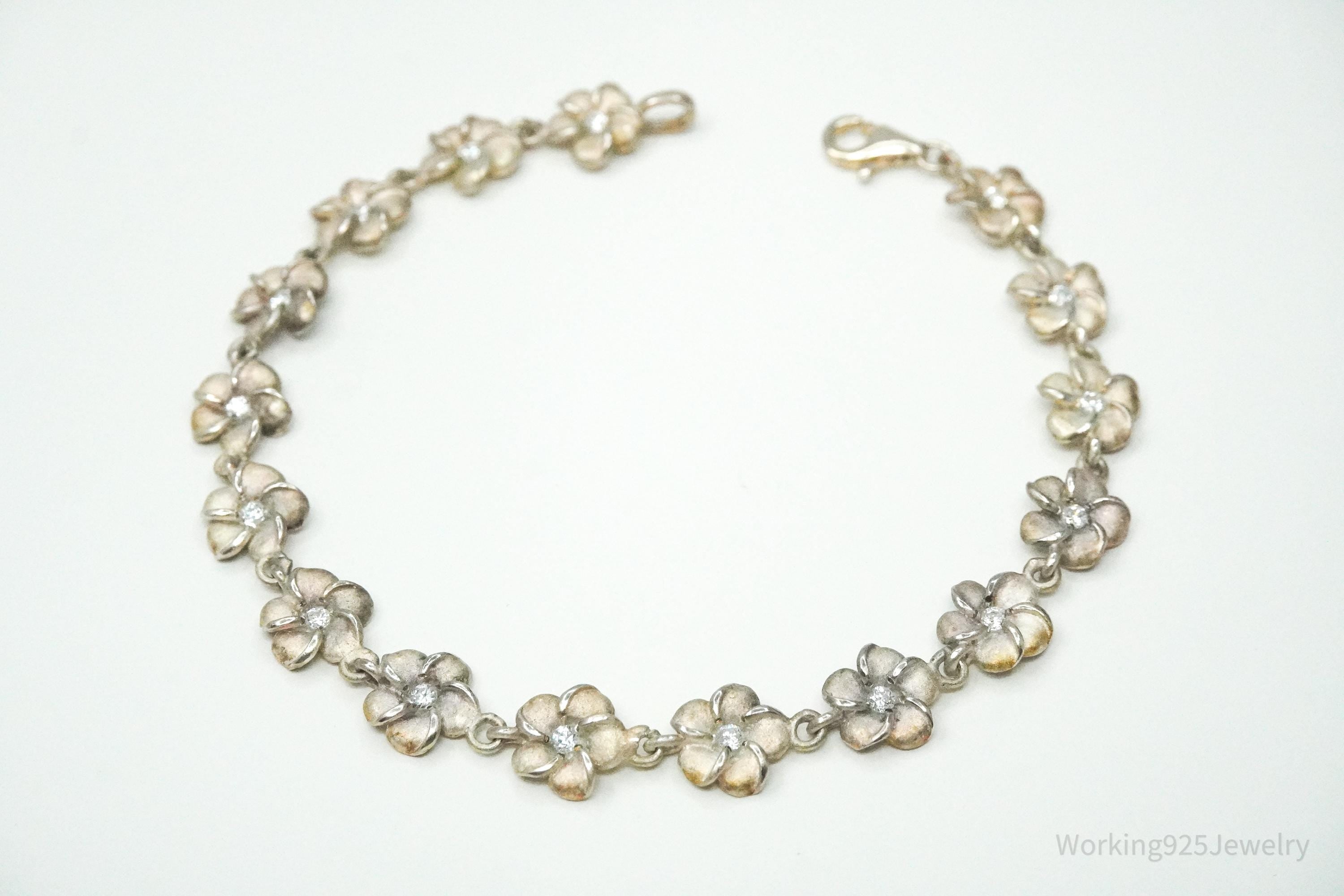 Vintage Cubic Zirconia Flowers Sterling Silver Bracelet 7 5/8"