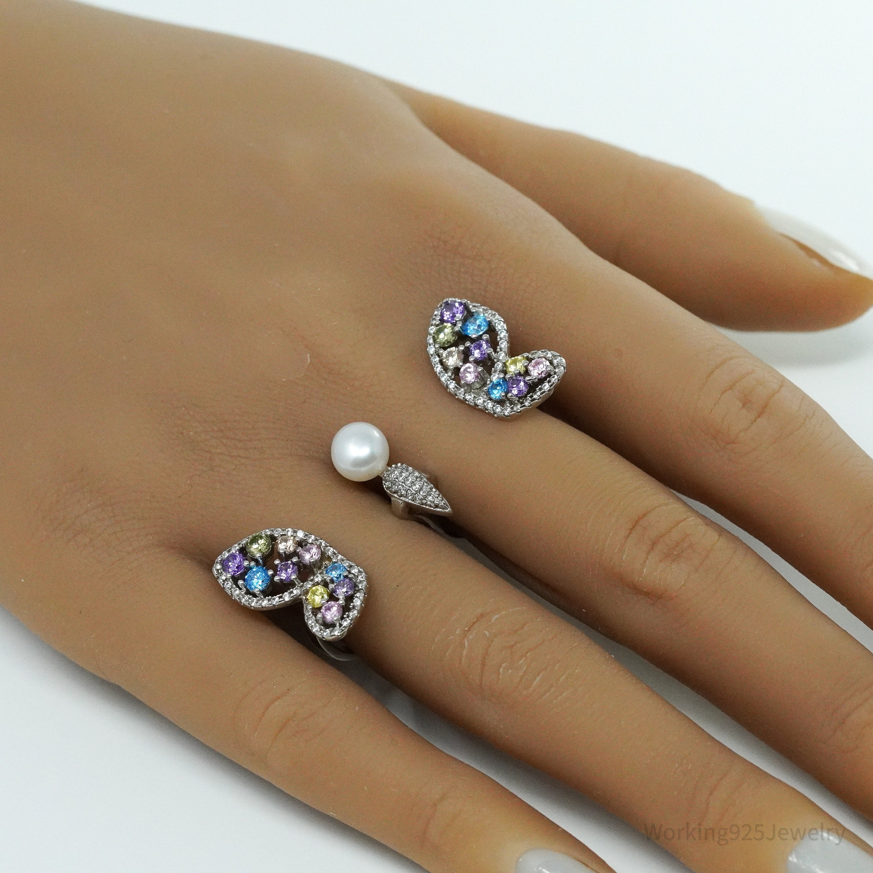 FZN Pearl & Multi Color Cubic Zirconia Butterfly Sterling Silver Ring - Size 7