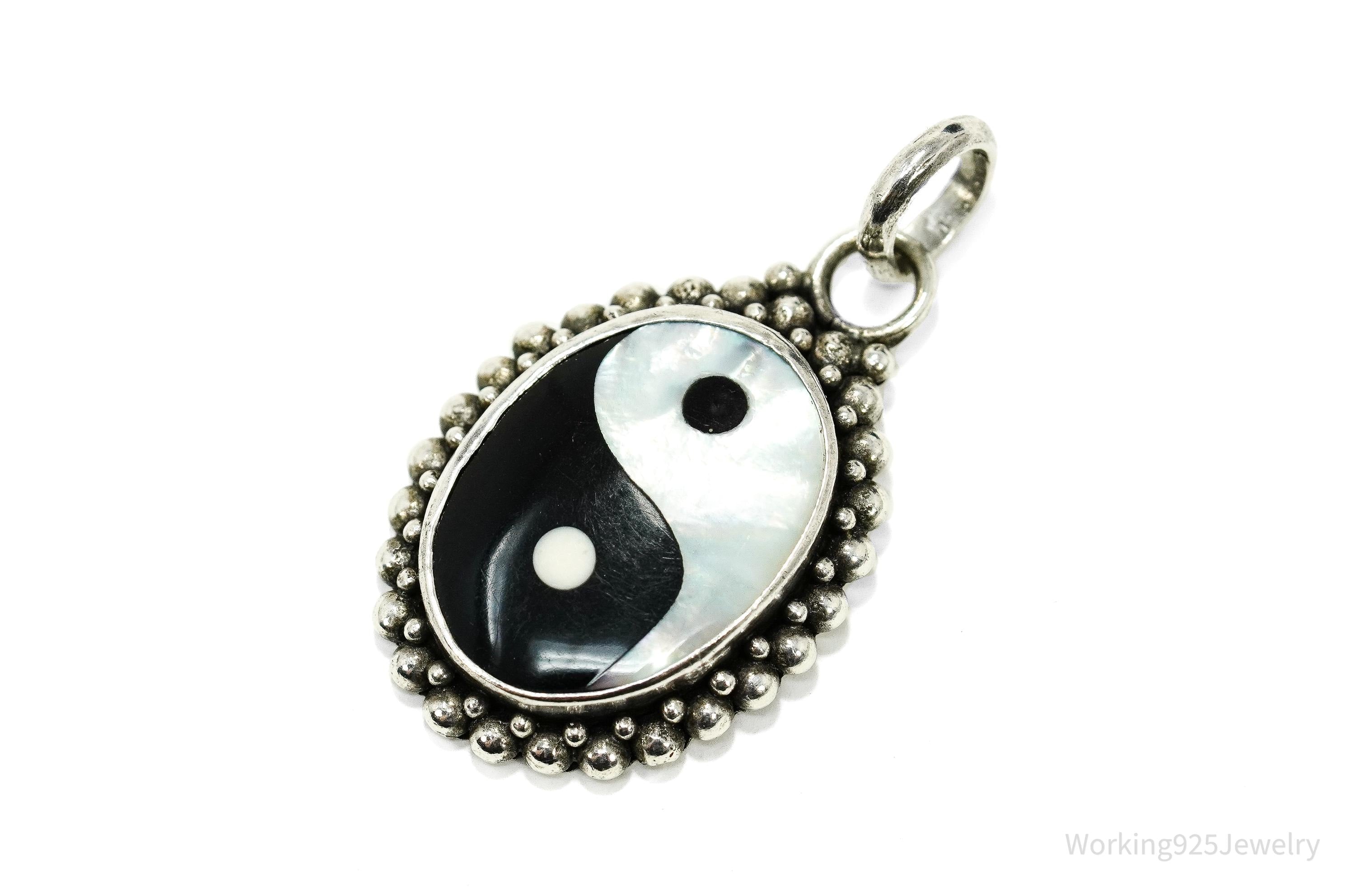 Vintage Black Onyx & Mother Of Pearl Inlay Yin Yang Sterling Silver Pendant