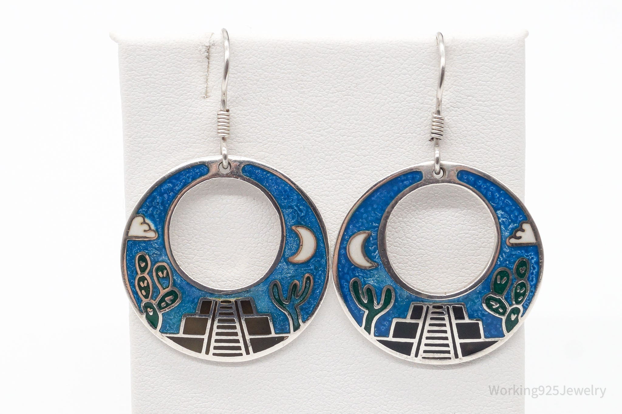 Vintage Taxco Storyteller Enamel Sterling Silver Earrings