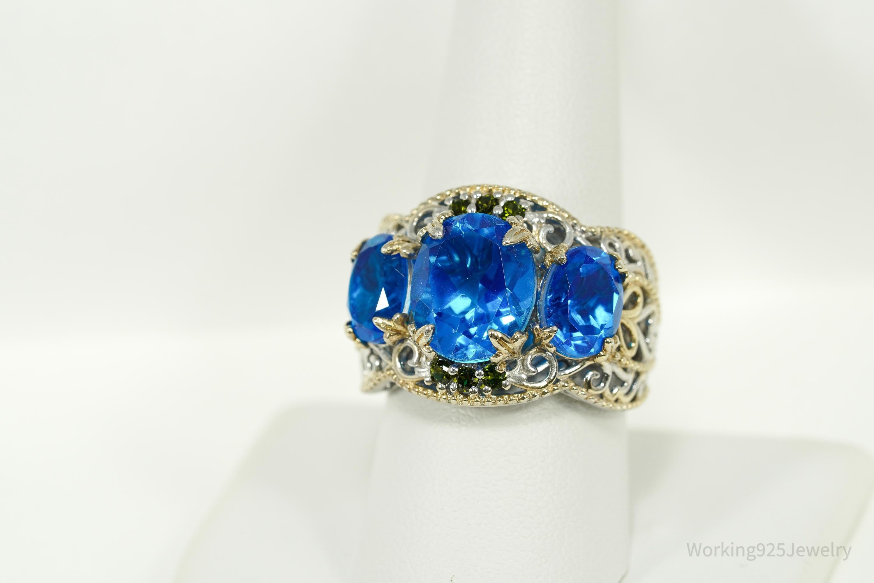 Vintage Chuck Clemency Blue Topaz & Peridot Gold Vermeil Sterling Silver Ring - Size 9.25