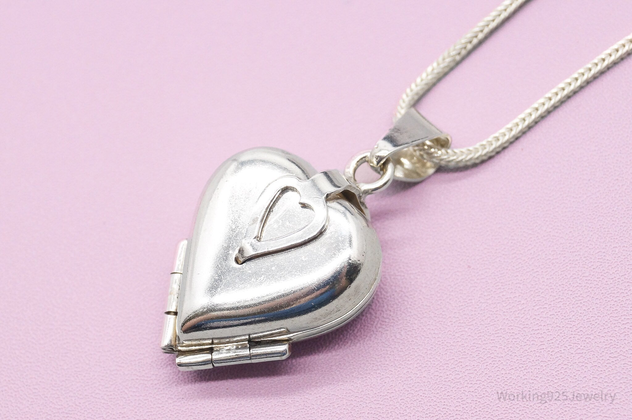 Vintage Large 4 Picture Heart Locket Sterling Silver Necklace 20"