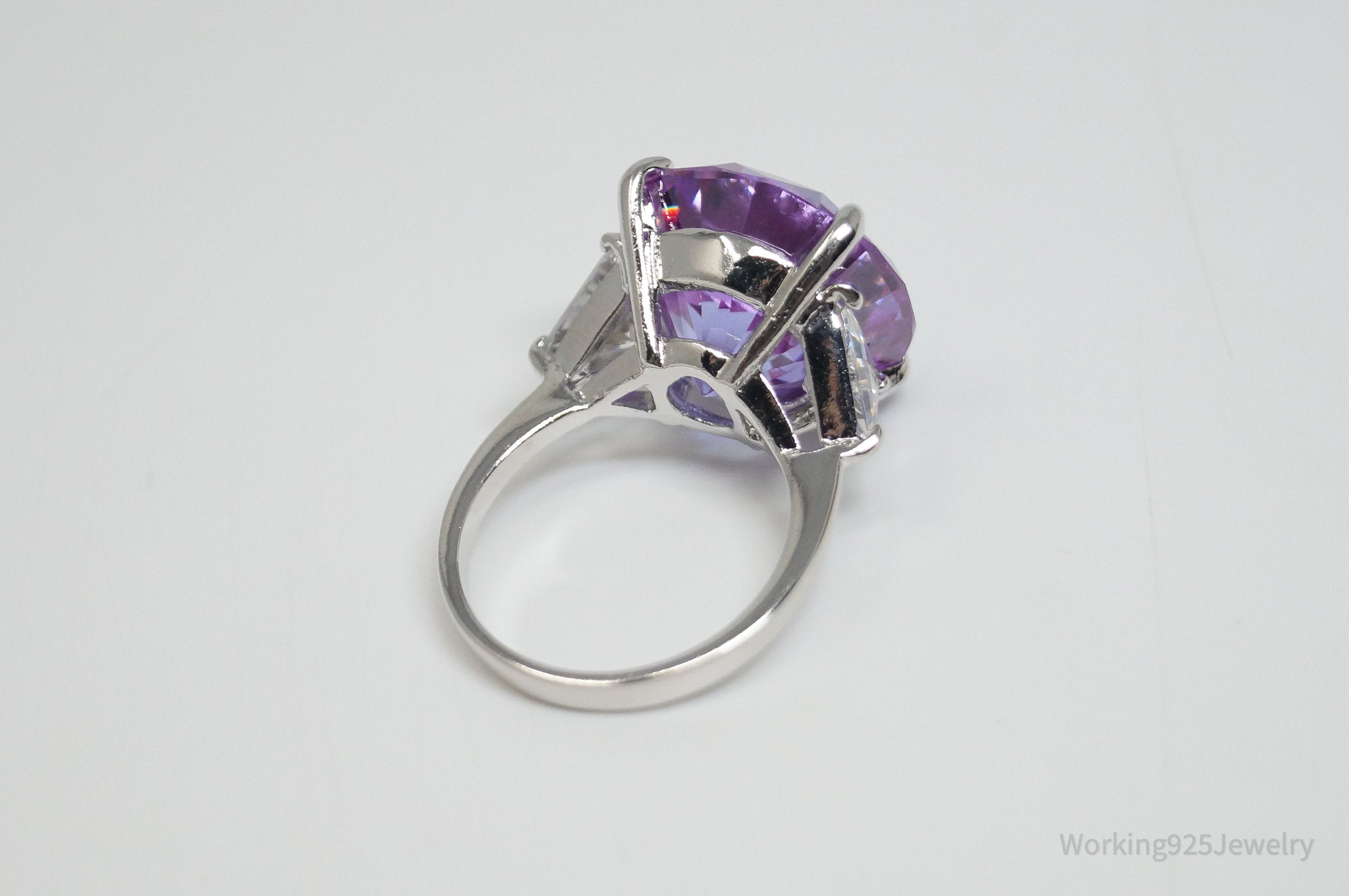 Vintage Purple & White Cubic Zirconia Sterling Silver Cocktail Ring - Sz 7.75