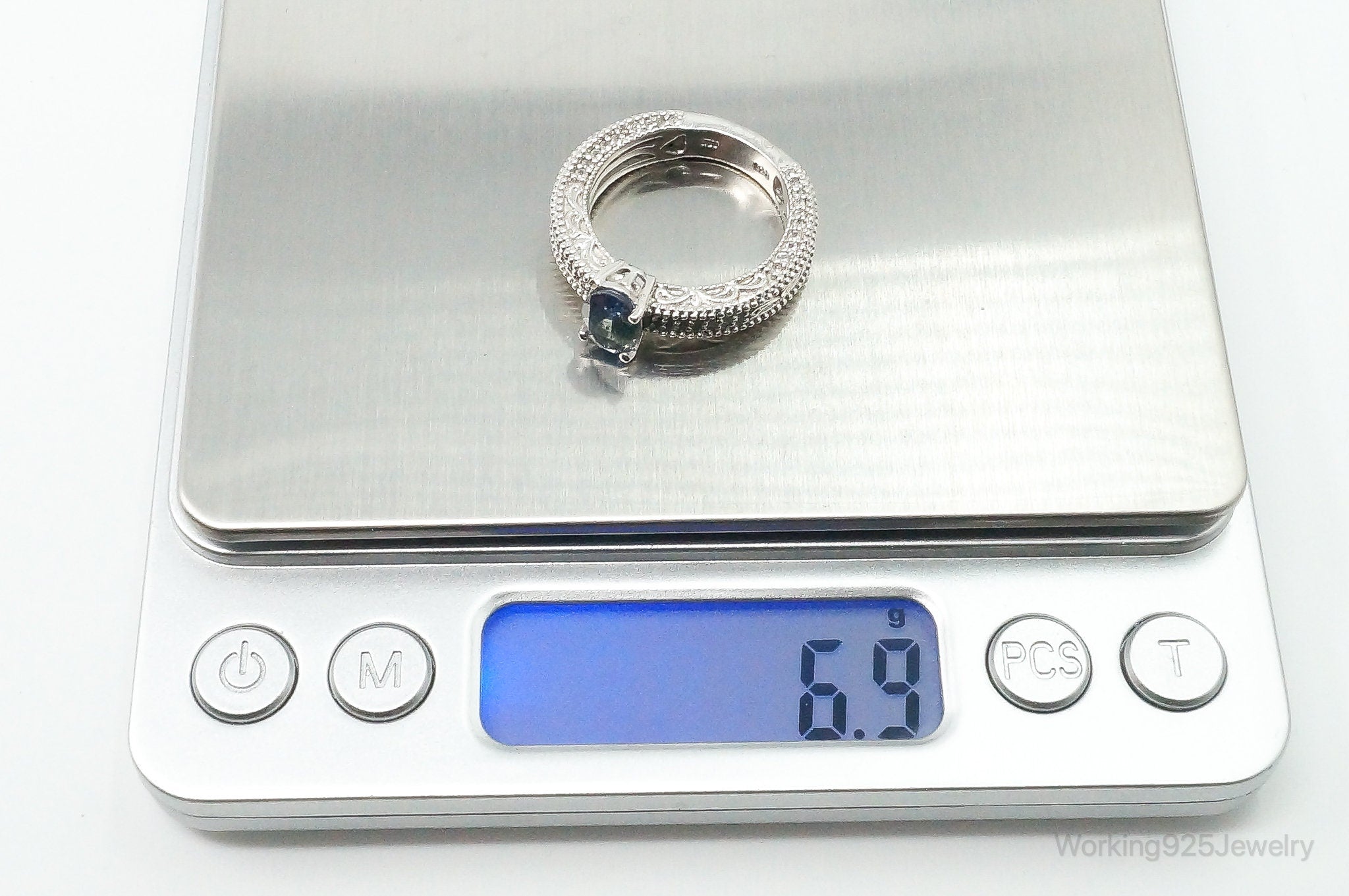 Vintage Green Blue Gemstone Cubic Zirconia Sterling Silver Ring - Size 8.75