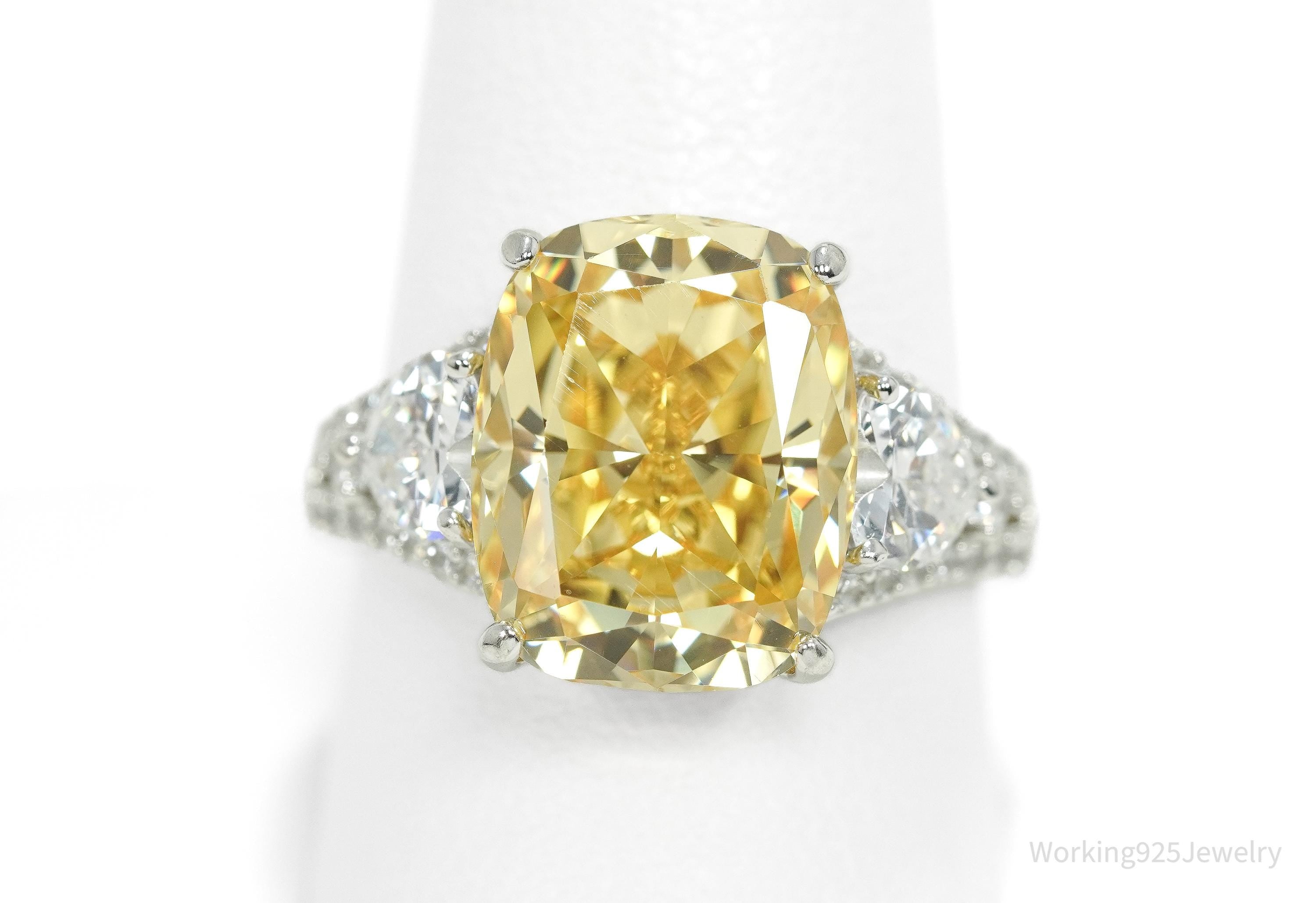 Vintage Large Yellow & White Cubic Zirconia Sterling Silver Ring - Size 10.25