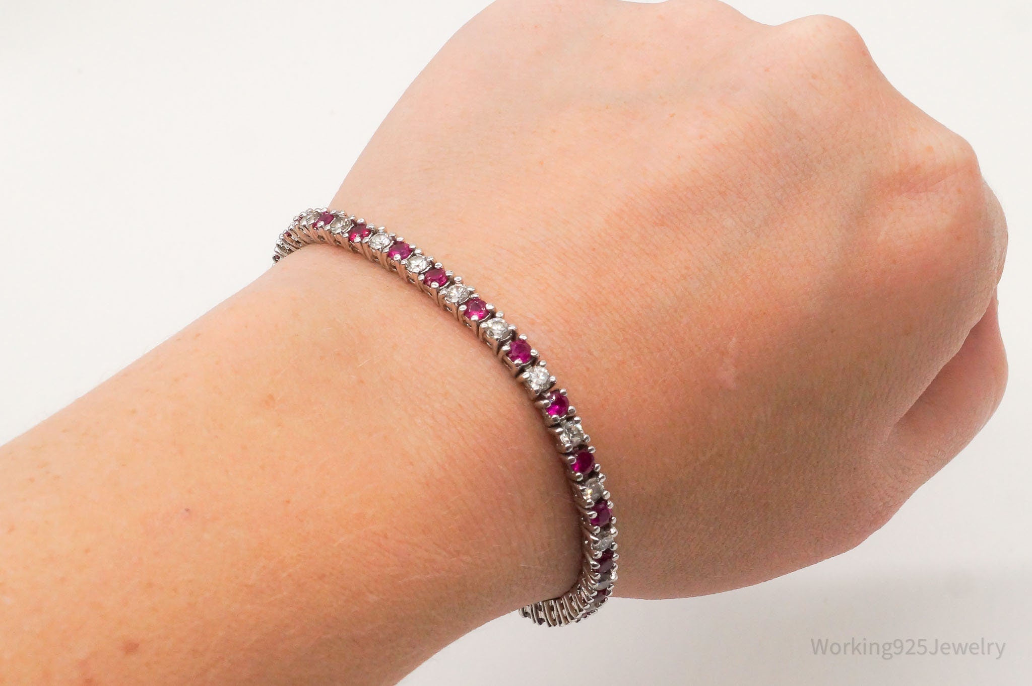 Vintage Ruby Cubic Zirconia Silver Tennis Bracelet