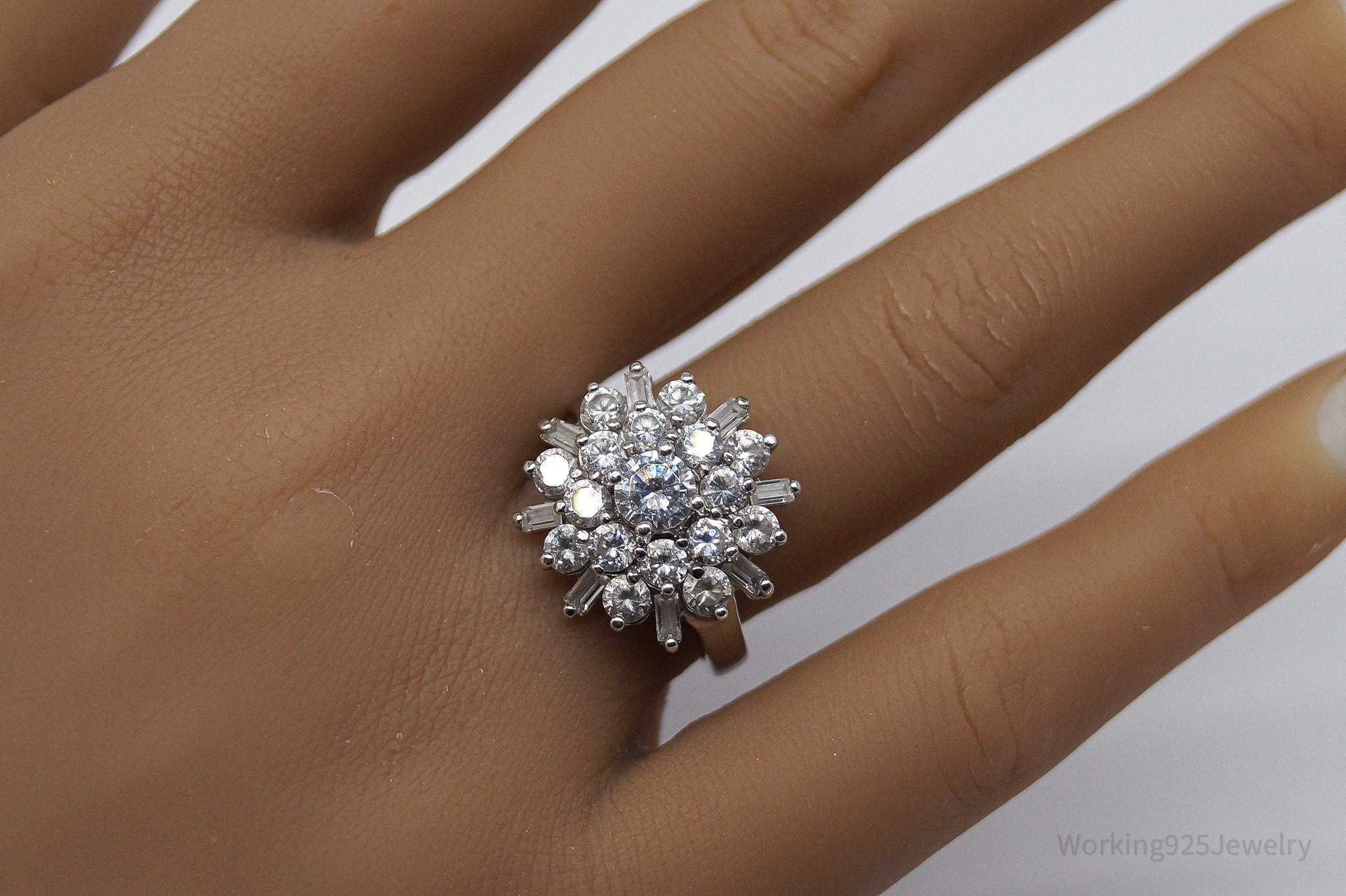 Vintage Ballerina Cluster Cubic Zirconia Sterling Silver Ring - Size 7.25