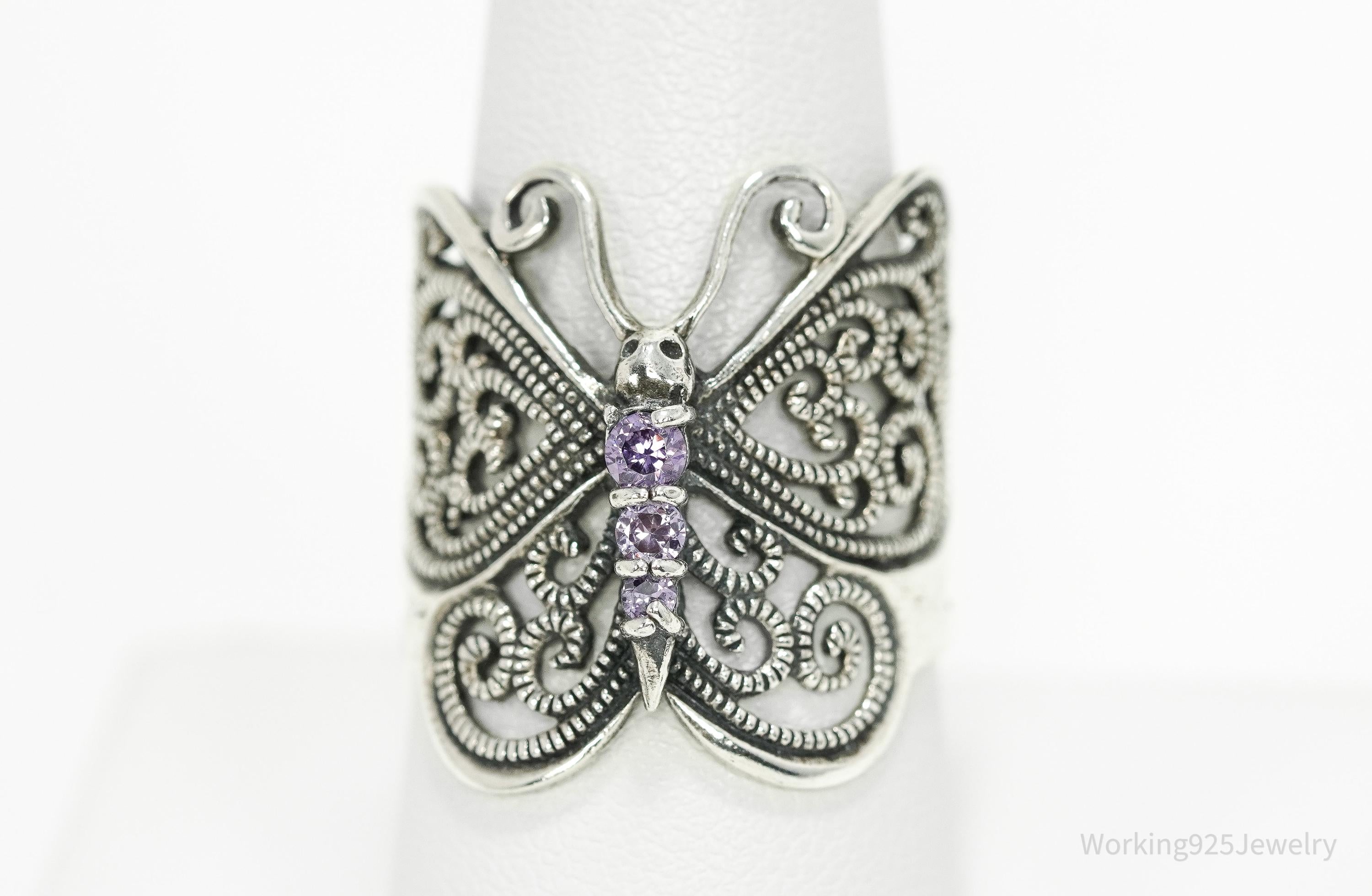 Vintage Amethyst Butterfly Sterling Silver Ring - Size 9.25