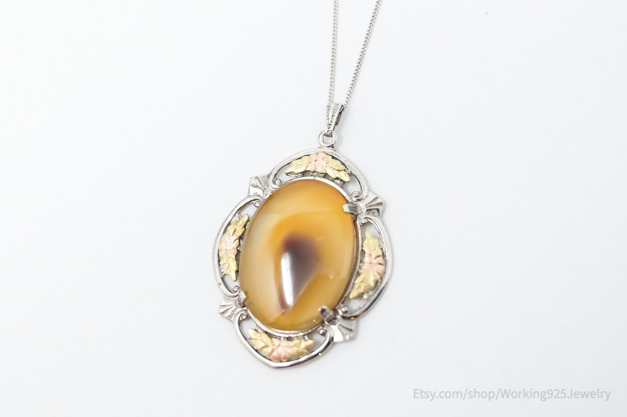 Vtg LSP Co Orange Lace Agate Black Hills 12k Gold Sterling Silver Pendant