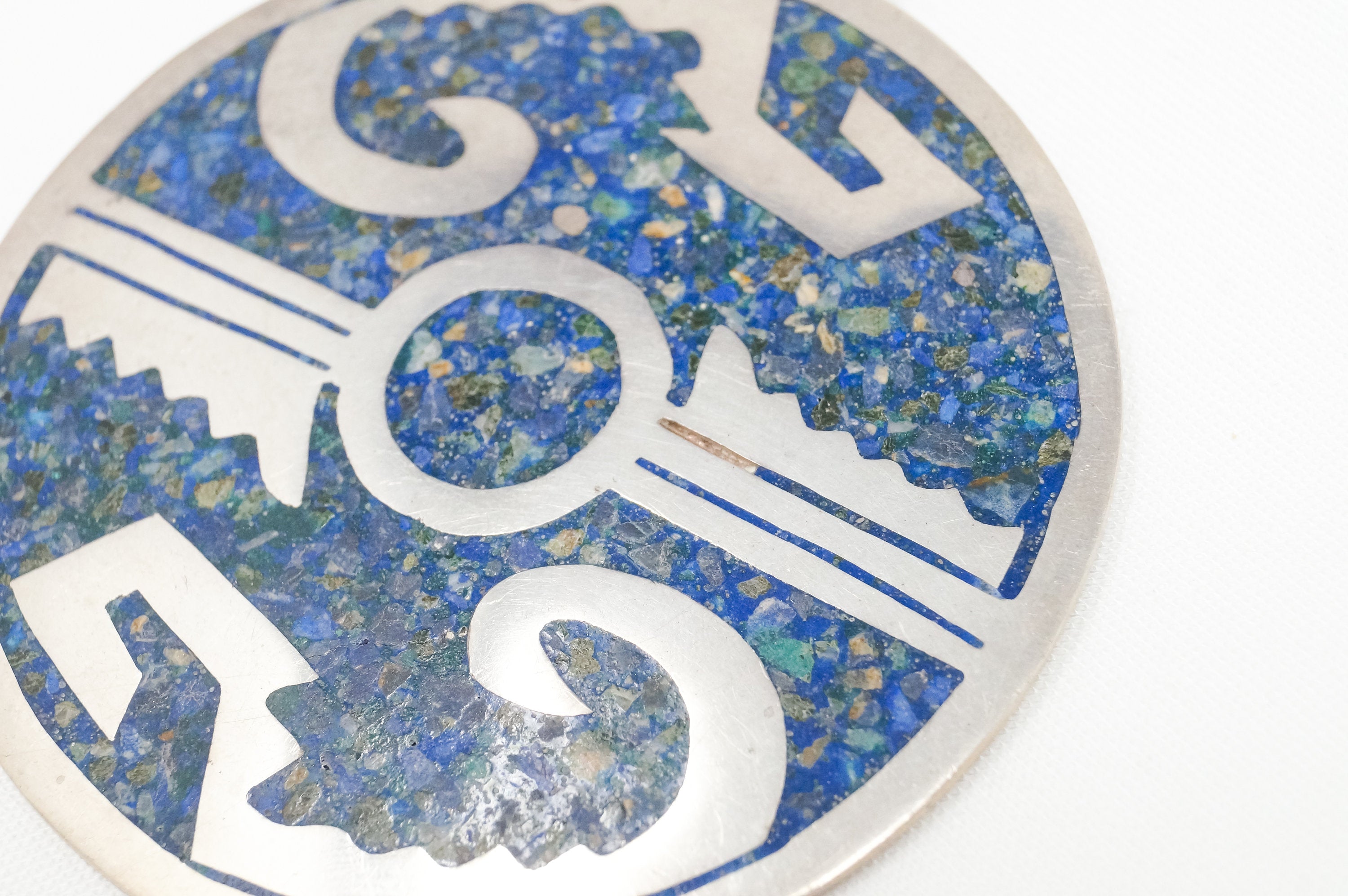 Vintage Large Mexico Handmade Lapis Lazuli Sterling Silver Aztec Necklace